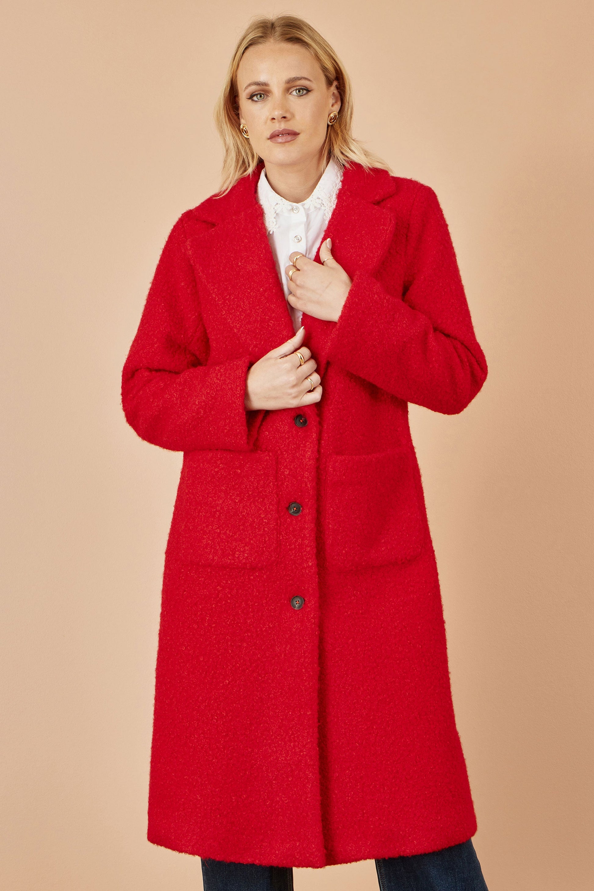Red Boucle Long Line Coat - Sizes 8 to 16