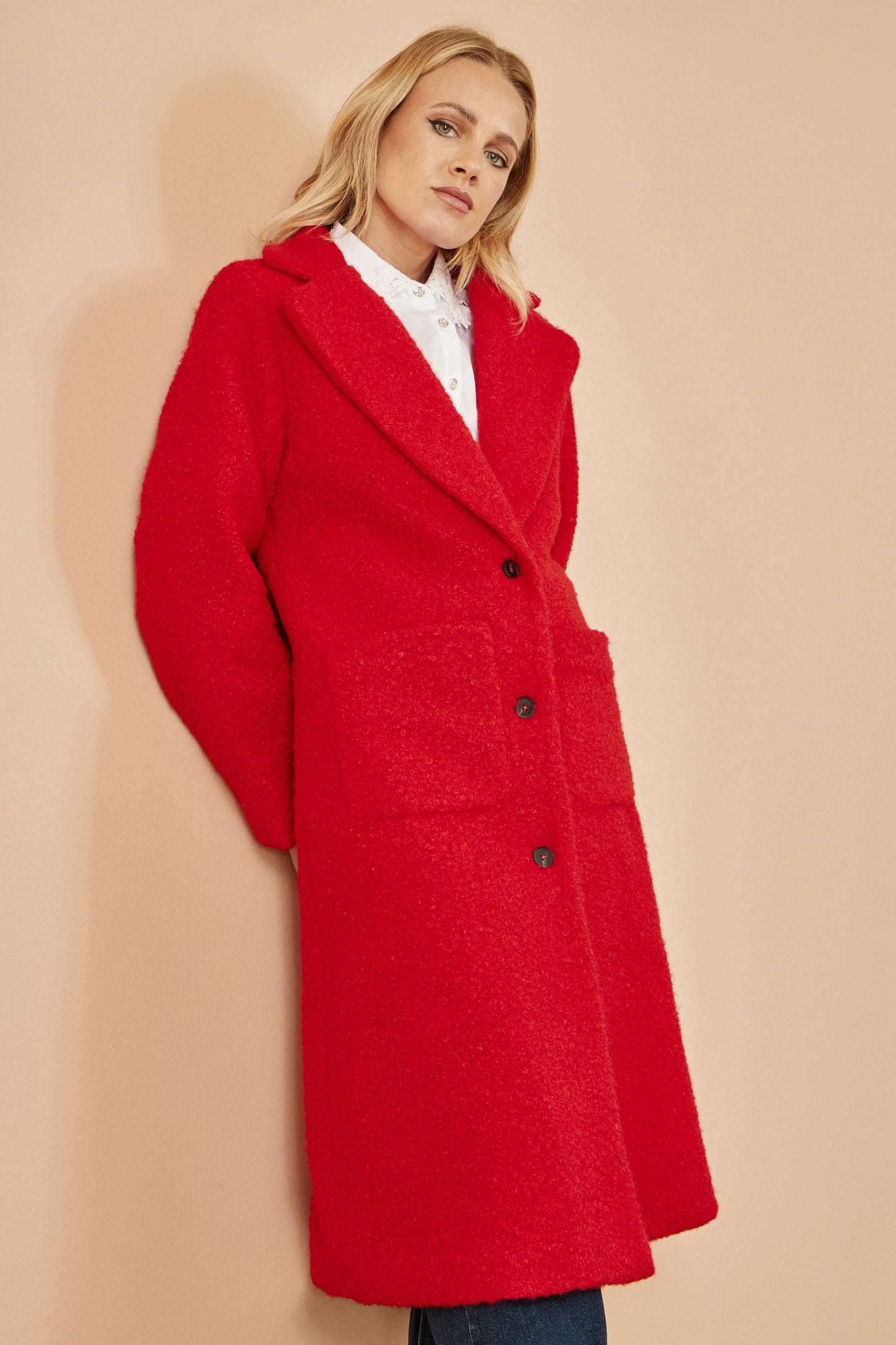 Red Boucle Long Line Coat - Sizes 8 to 16