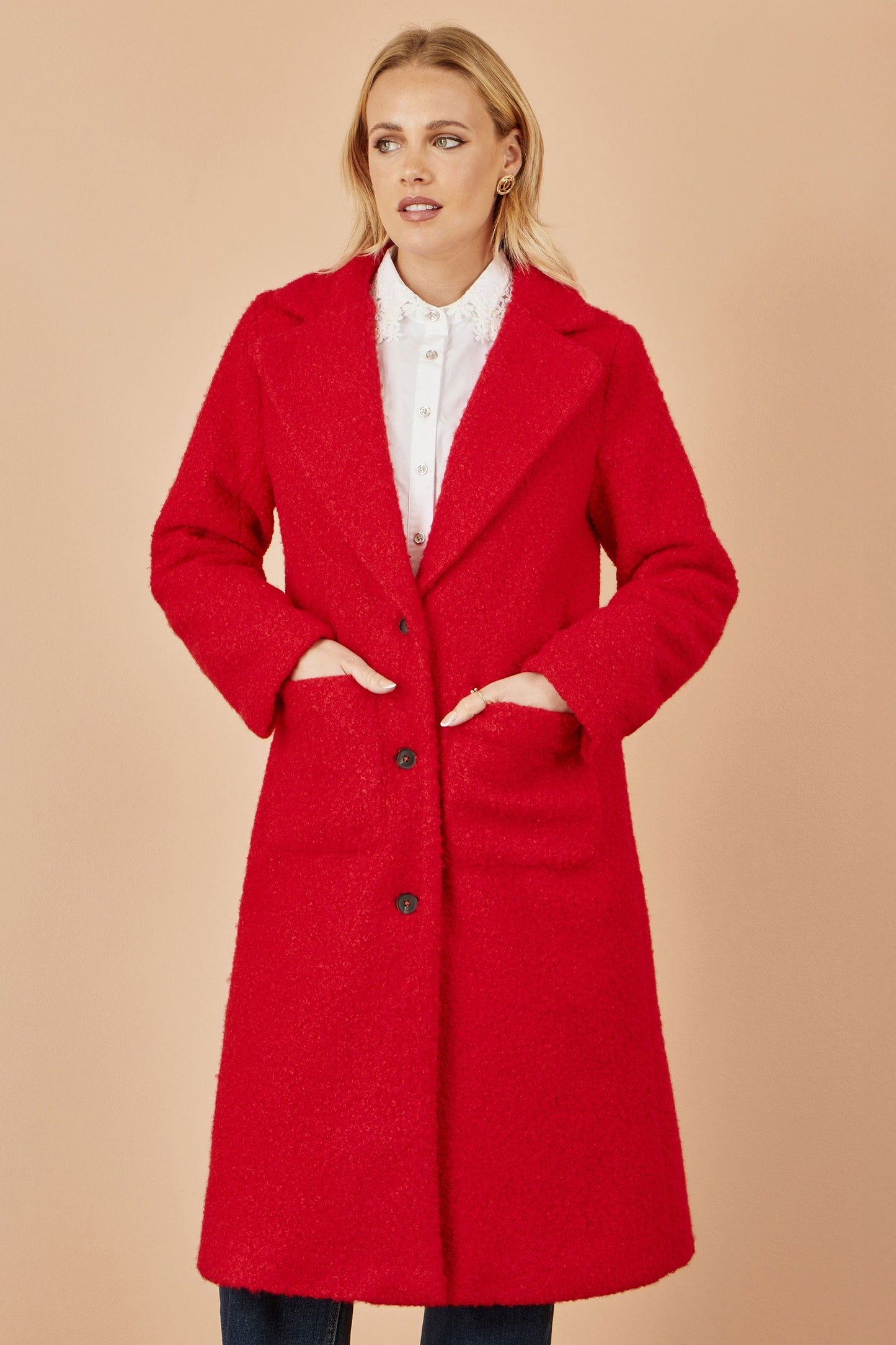 Red Boucle Long Line Coat - Sizes 8 to 16