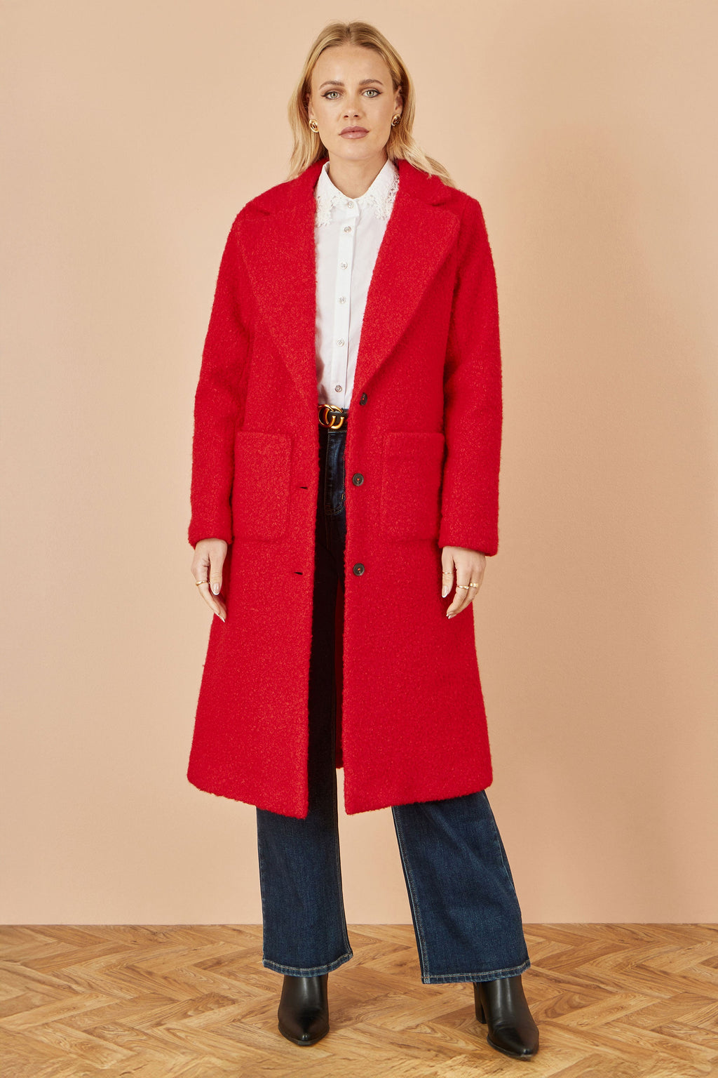 Red Boucle Long Line Coat - Sizes 8 to 16