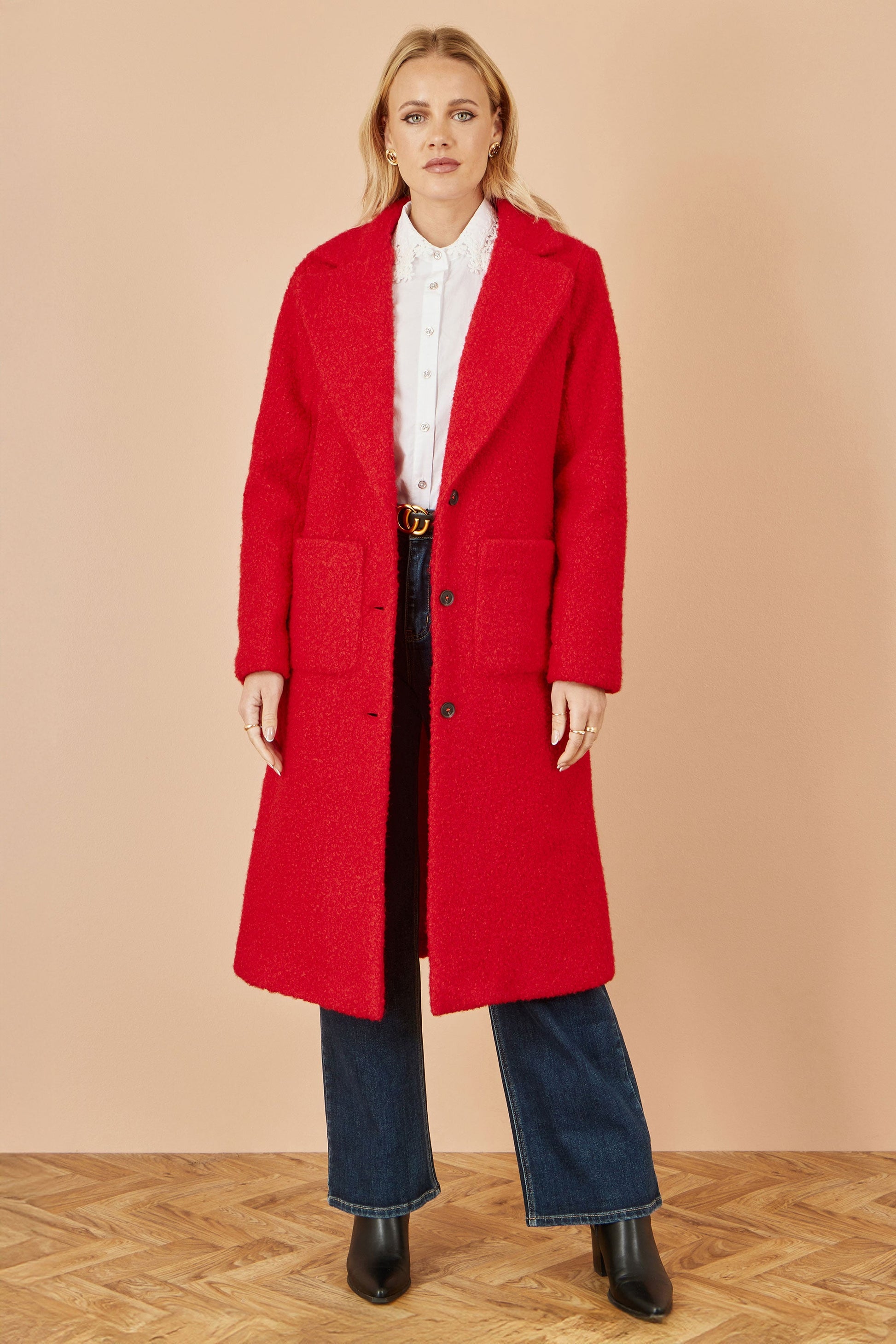 Red Boucle Long Line Coat - Sizes 8 to 16