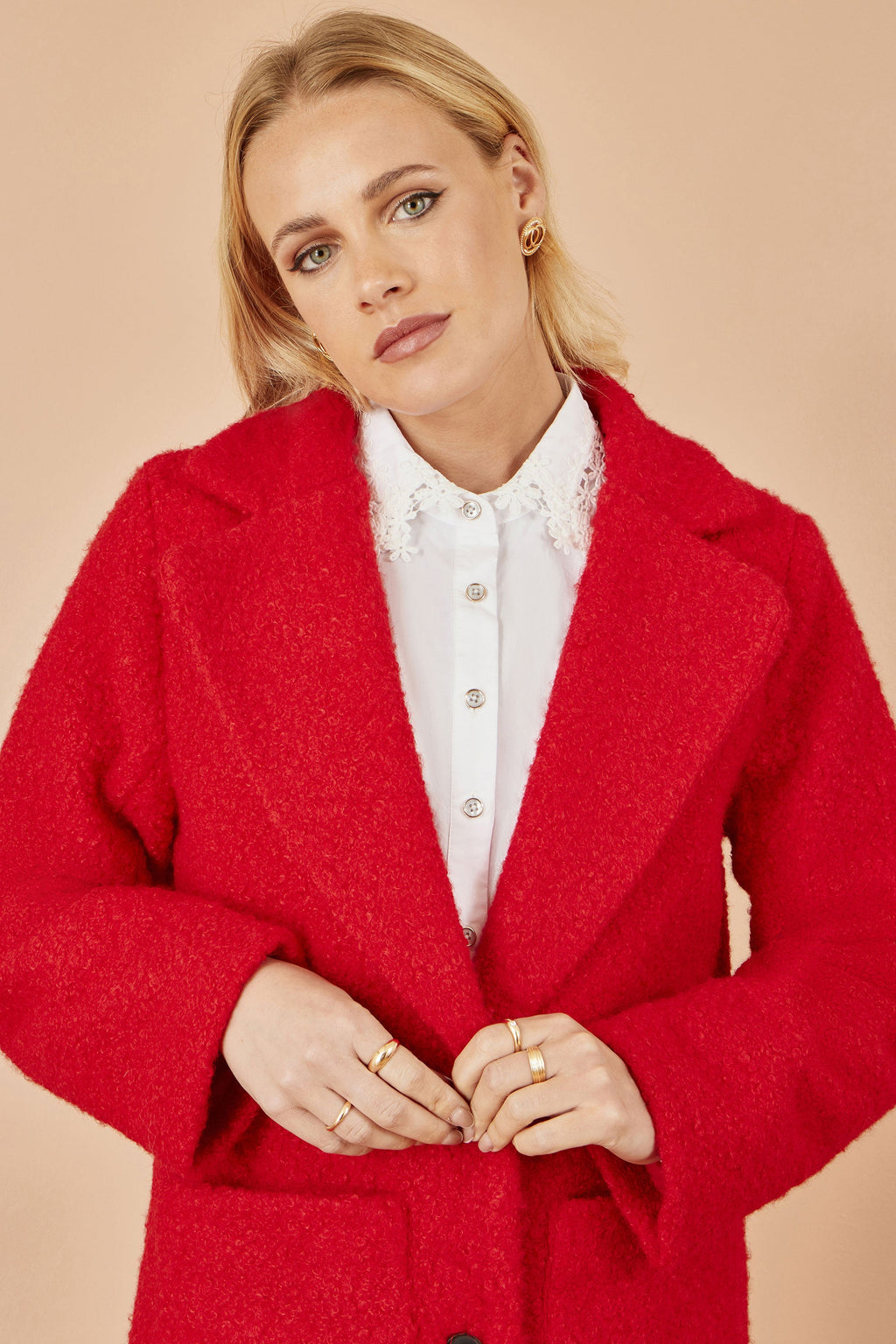 Red Boucle Long Line Coat - Sizes 8 to 16