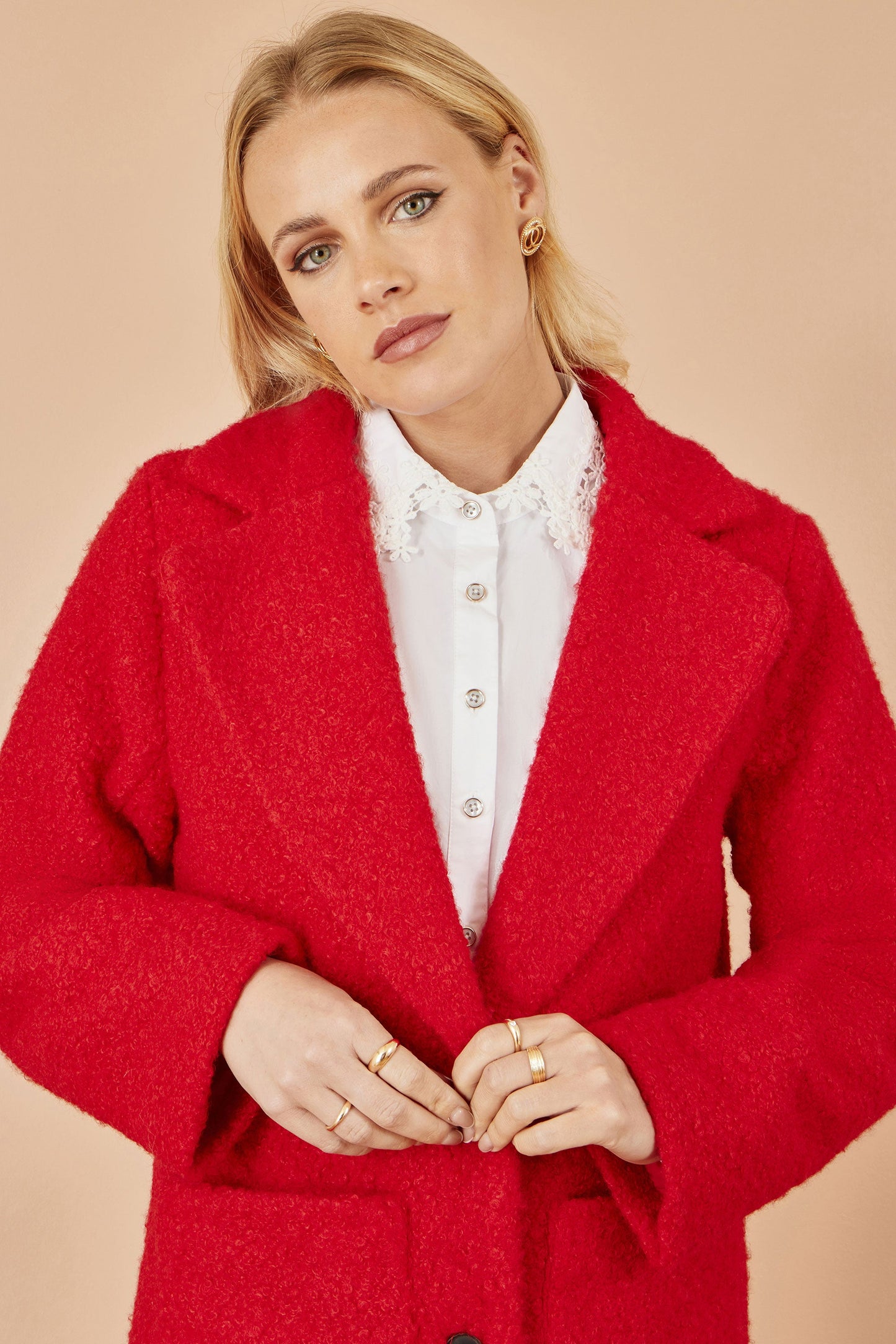 Red Boucle Long Line Coat - Sizes 8 to 16