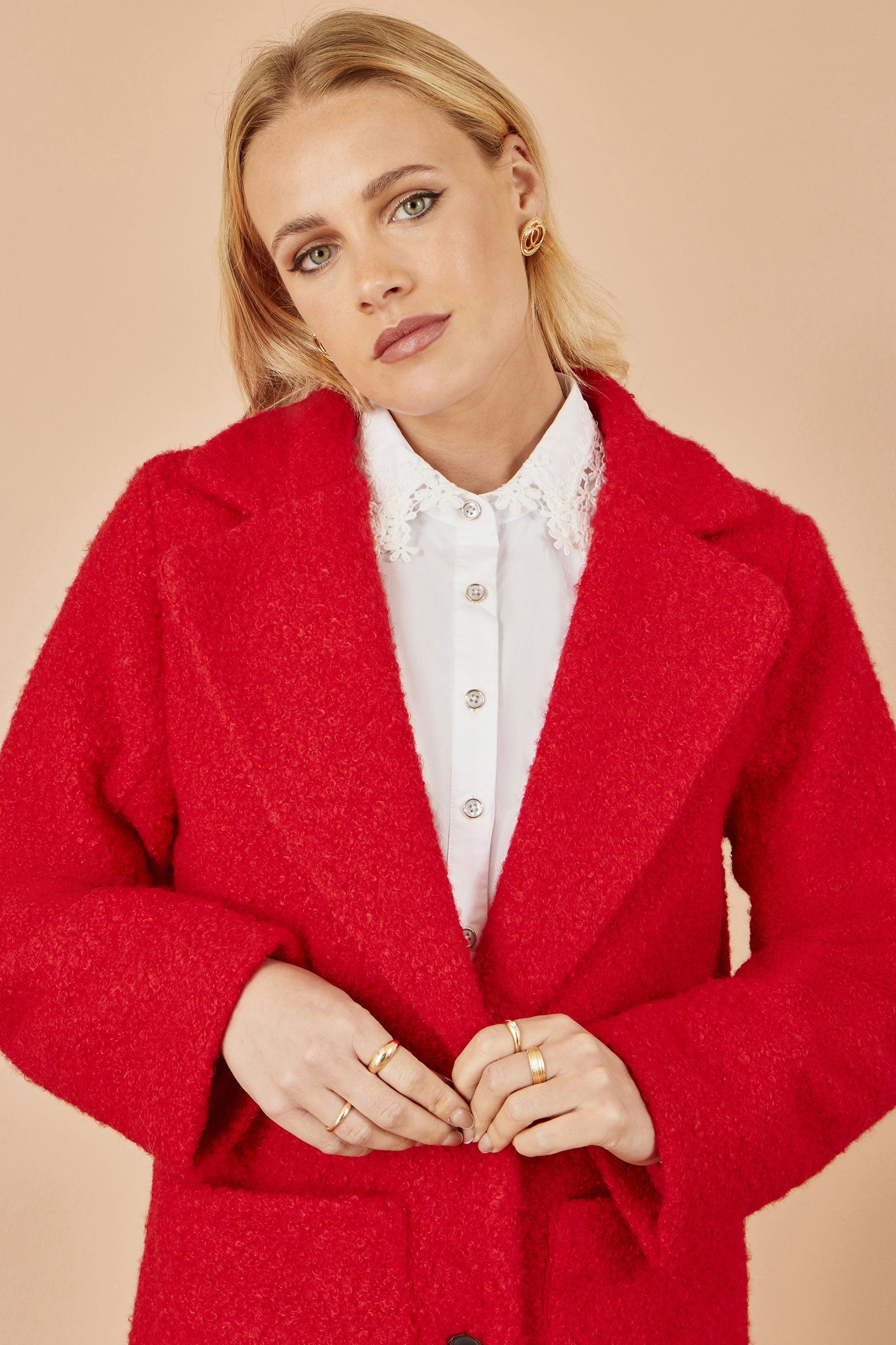 Red Boucle Long Line Coat - Sizes 8 to 16