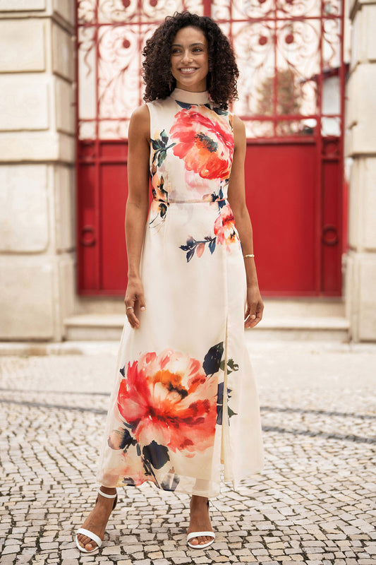 Ivory Flower Halter Neck Maxi Dress