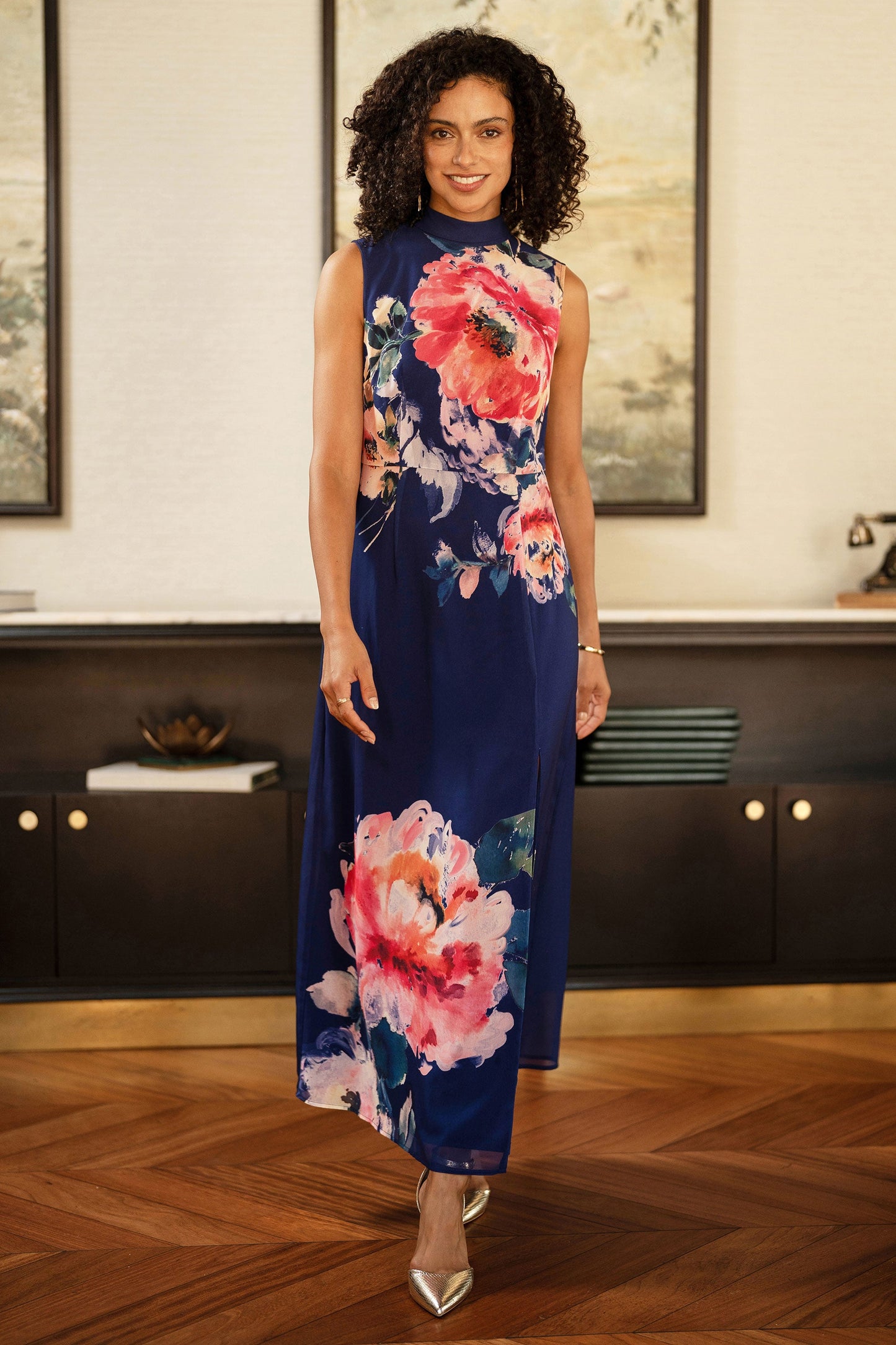 Navy Flower Halter Neck Maxi Dress