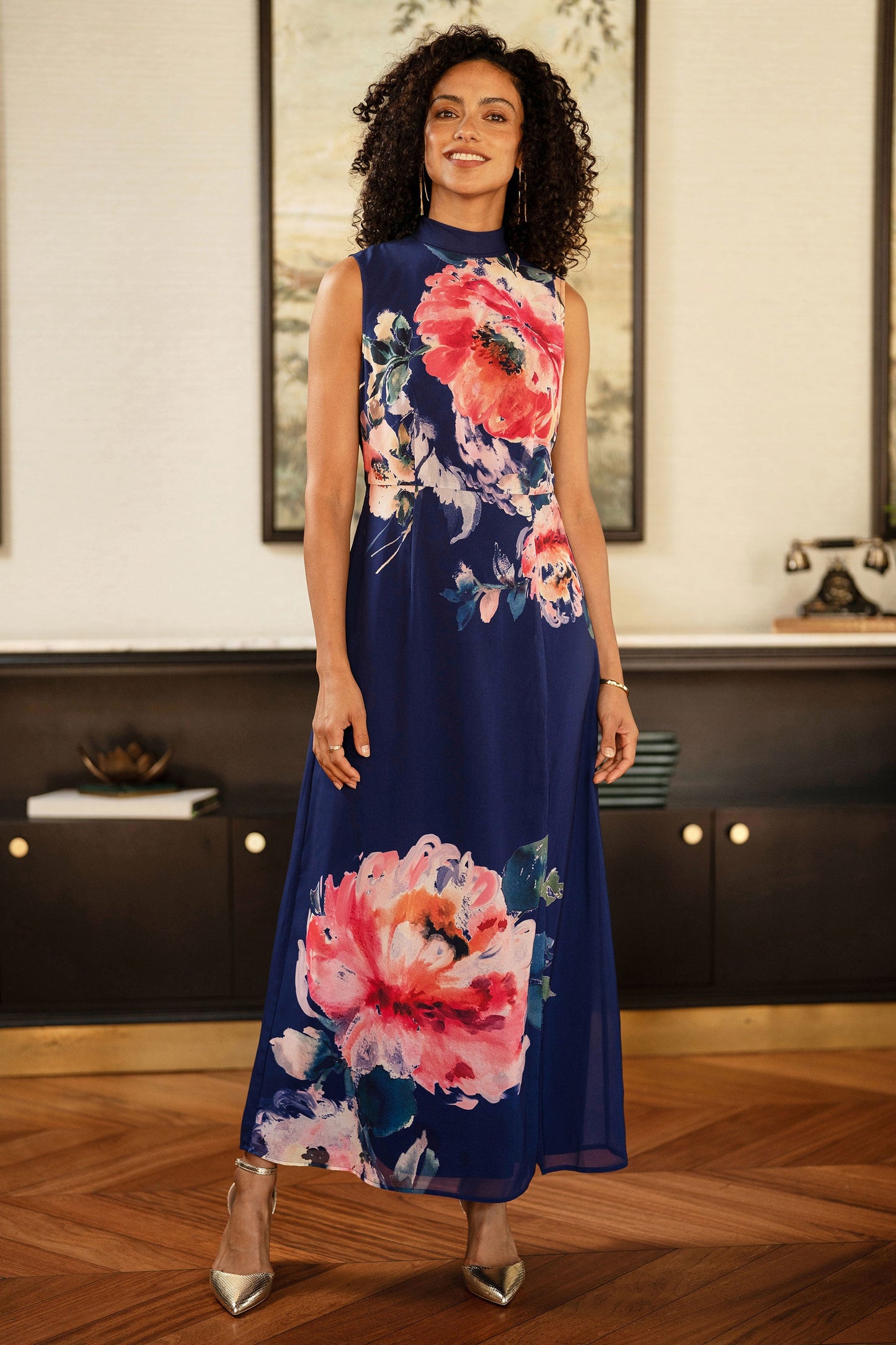 Navy Flower Halter Neck Maxi Dress
