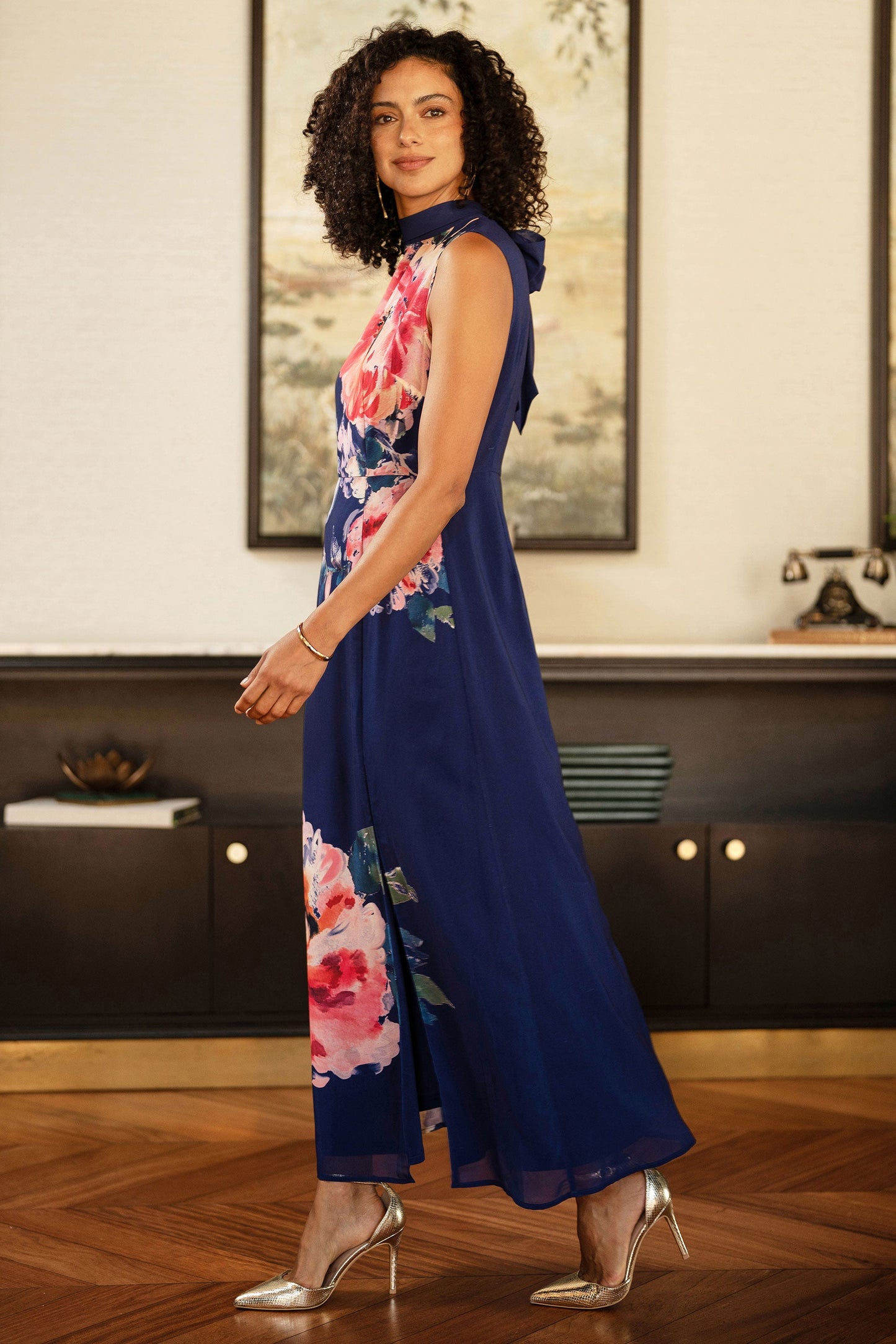 Navy Flower Halter Neck Maxi Dress