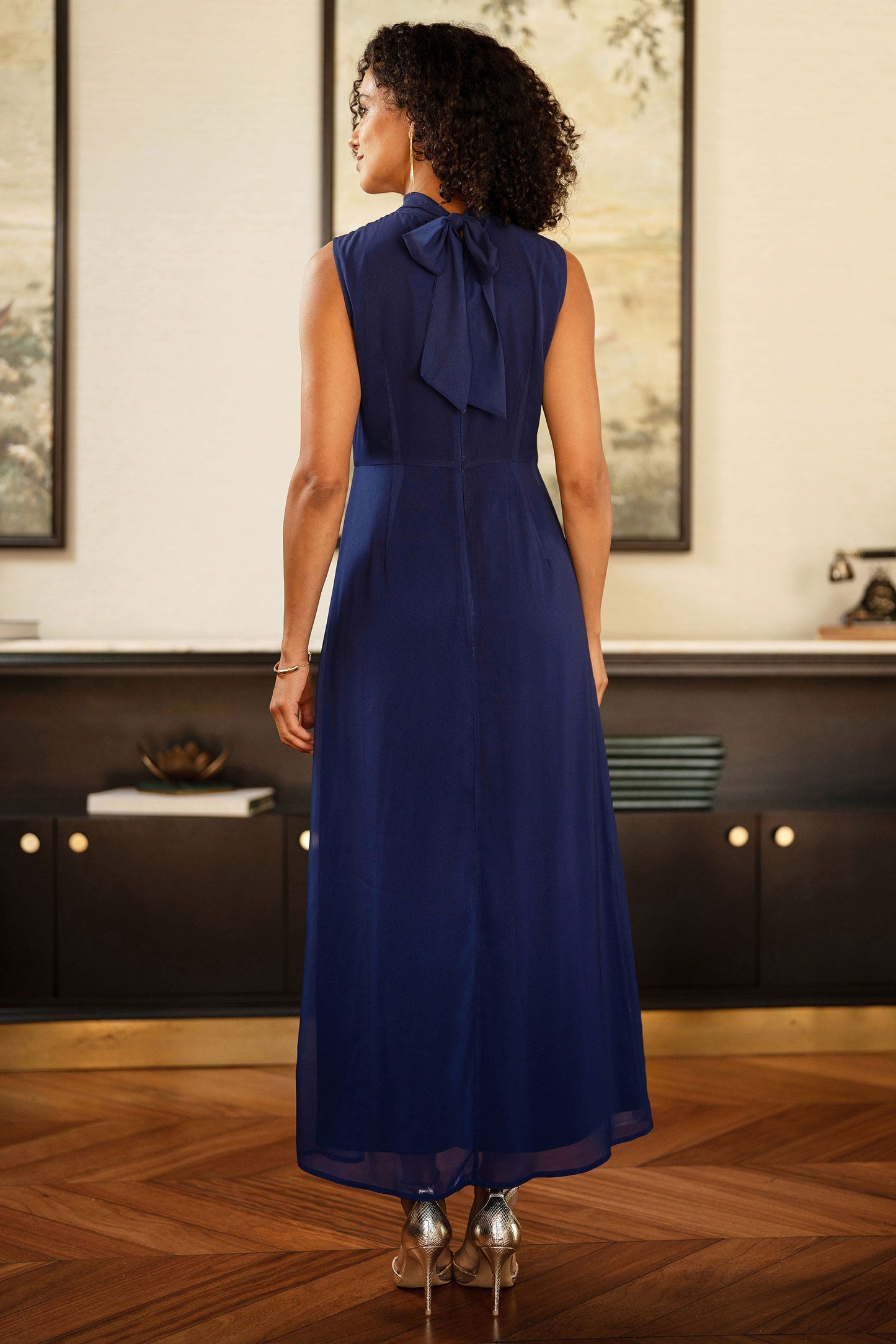 Navy Flower Halter Neck Maxi Dress