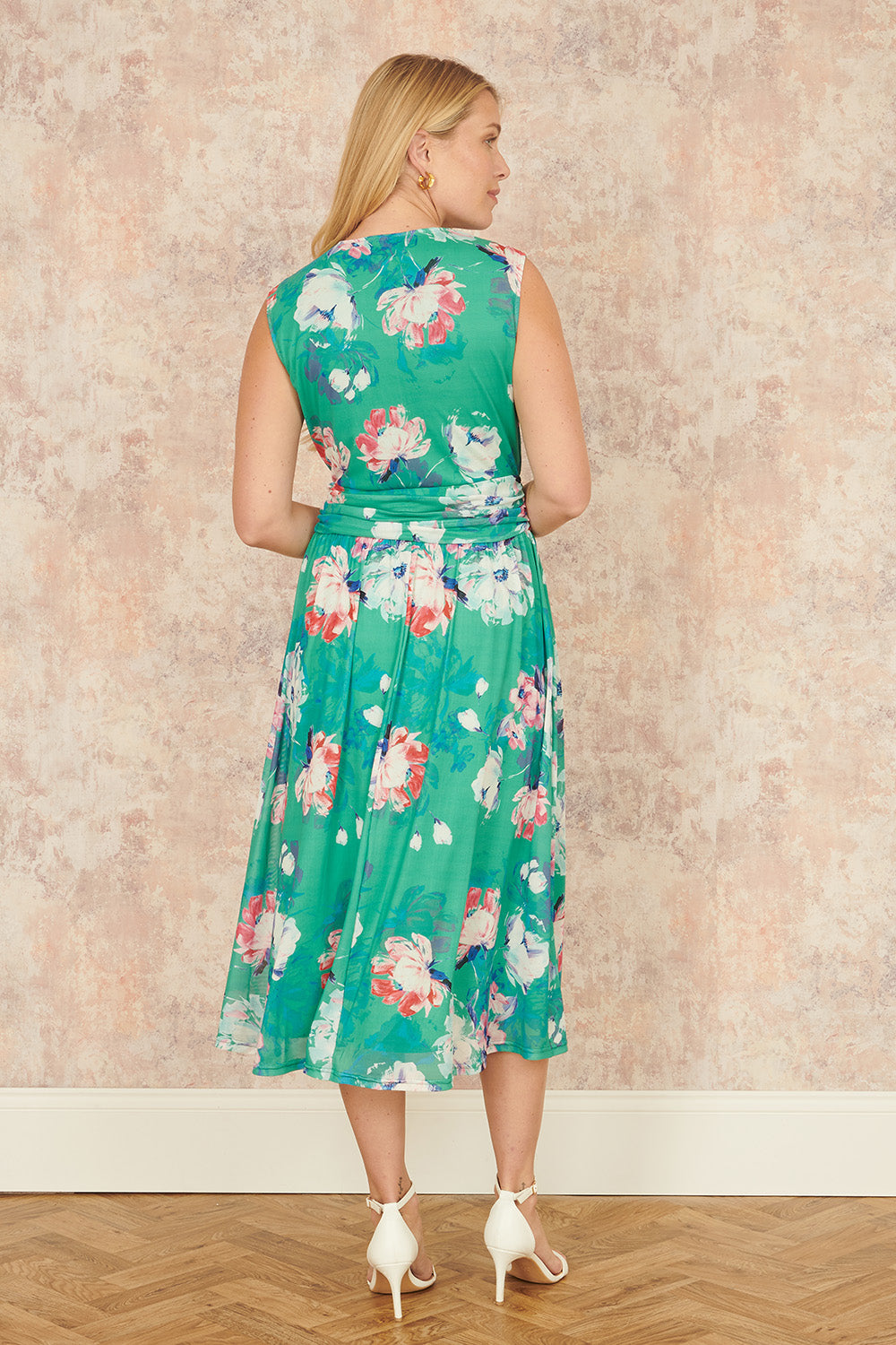 Green Blossom Print Stretch Mesh Dress With Pockets