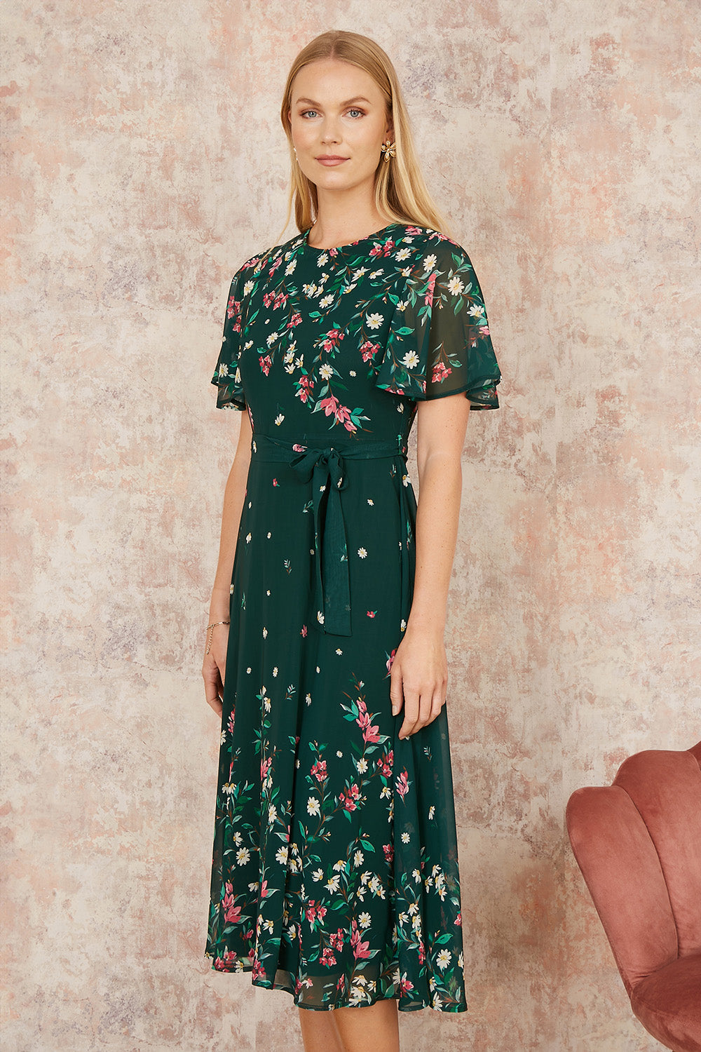 Green Daisy Skater Dress With Angel Sleeves