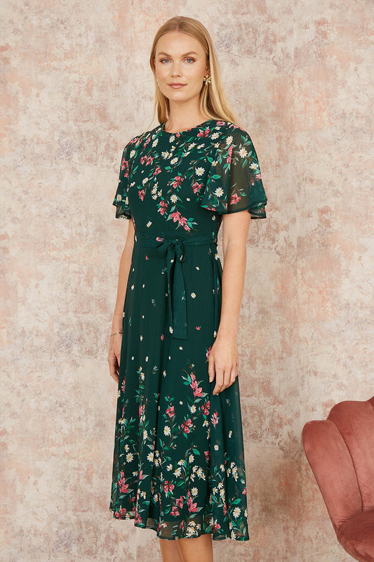 Green Daisy Skater Dress With Angel Sleeves