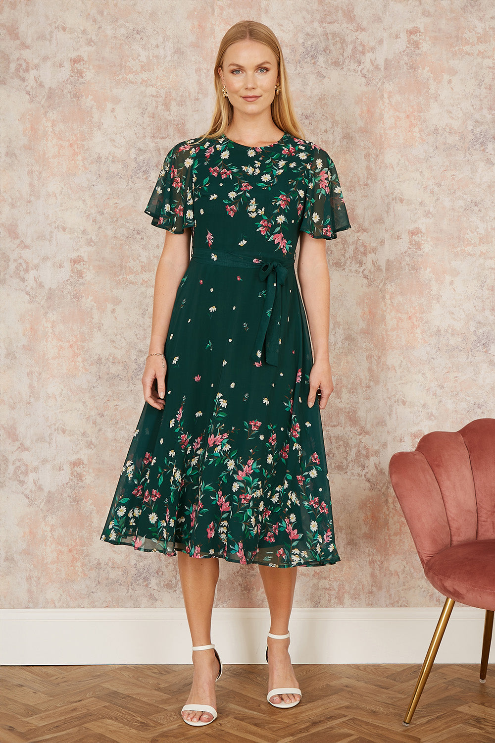 Green Daisy Skater Dress With Angel Sleeves