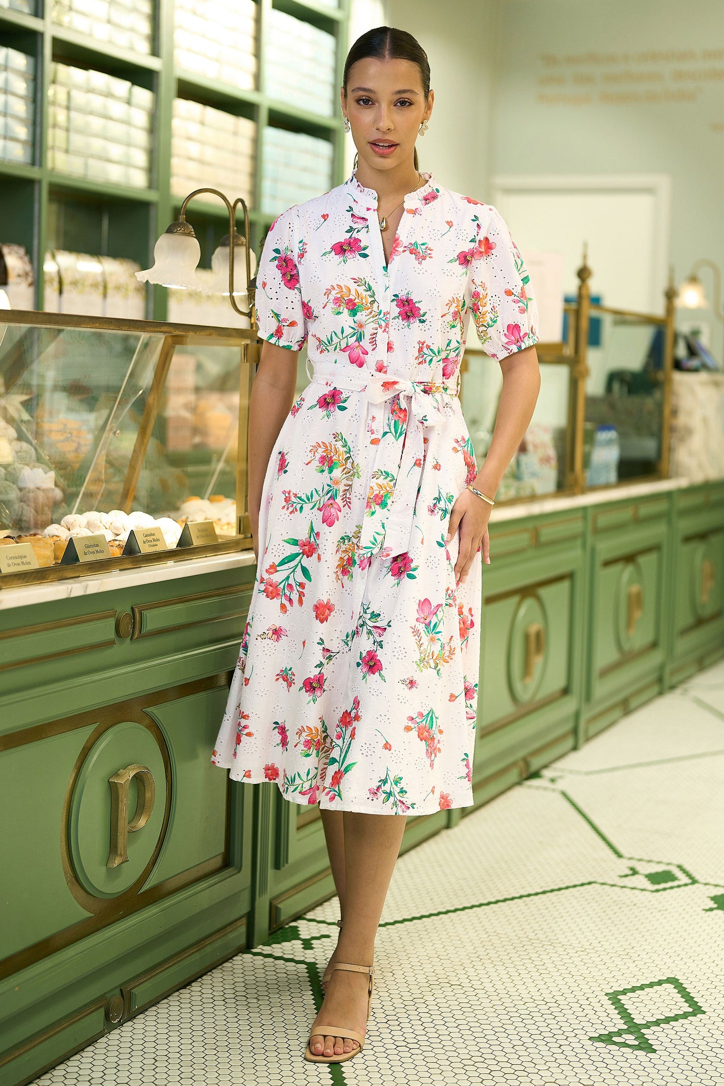 White Floral Print Cotton Broderie Anglaise Midi Shirt Dress