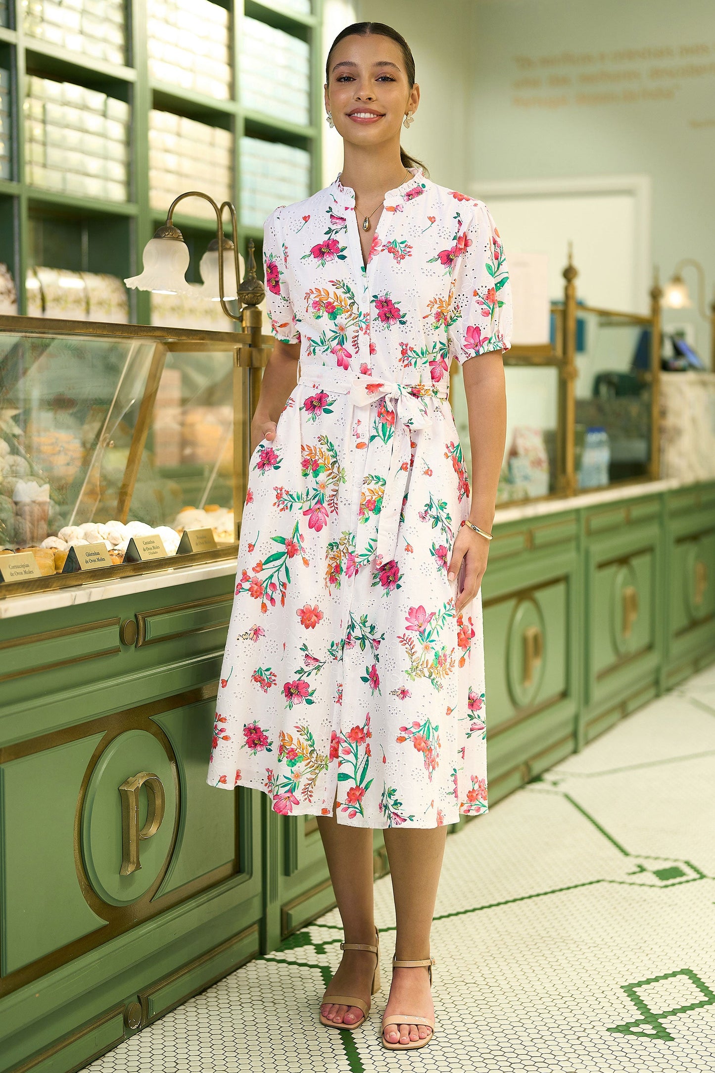 White Floral Print Cotton Broderie Anglaise Midi Shirt Dress