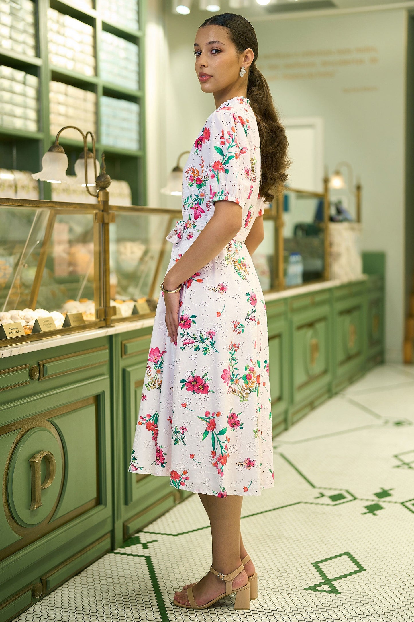 White Floral Print Cotton Broderie Anglaise Midi Shirt Dress