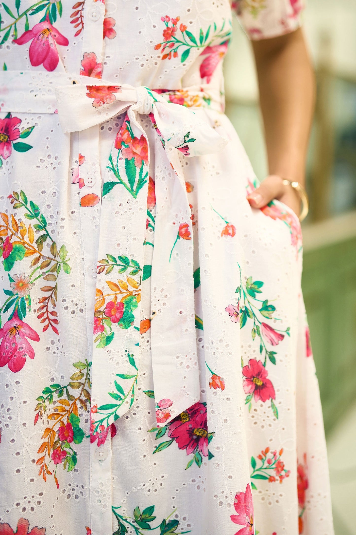 White Floral Print Cotton Broderie Anglaise Midi Shirt Dress
