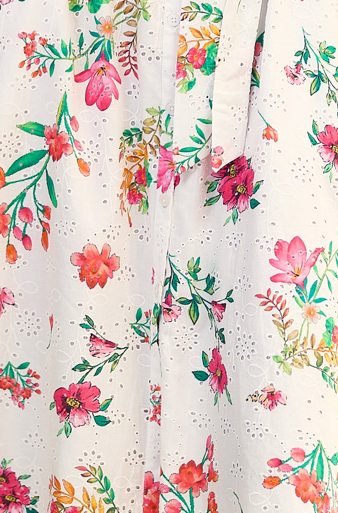 White Floral Print Cotton Broderie Anglaise Midi Shirt Dress
