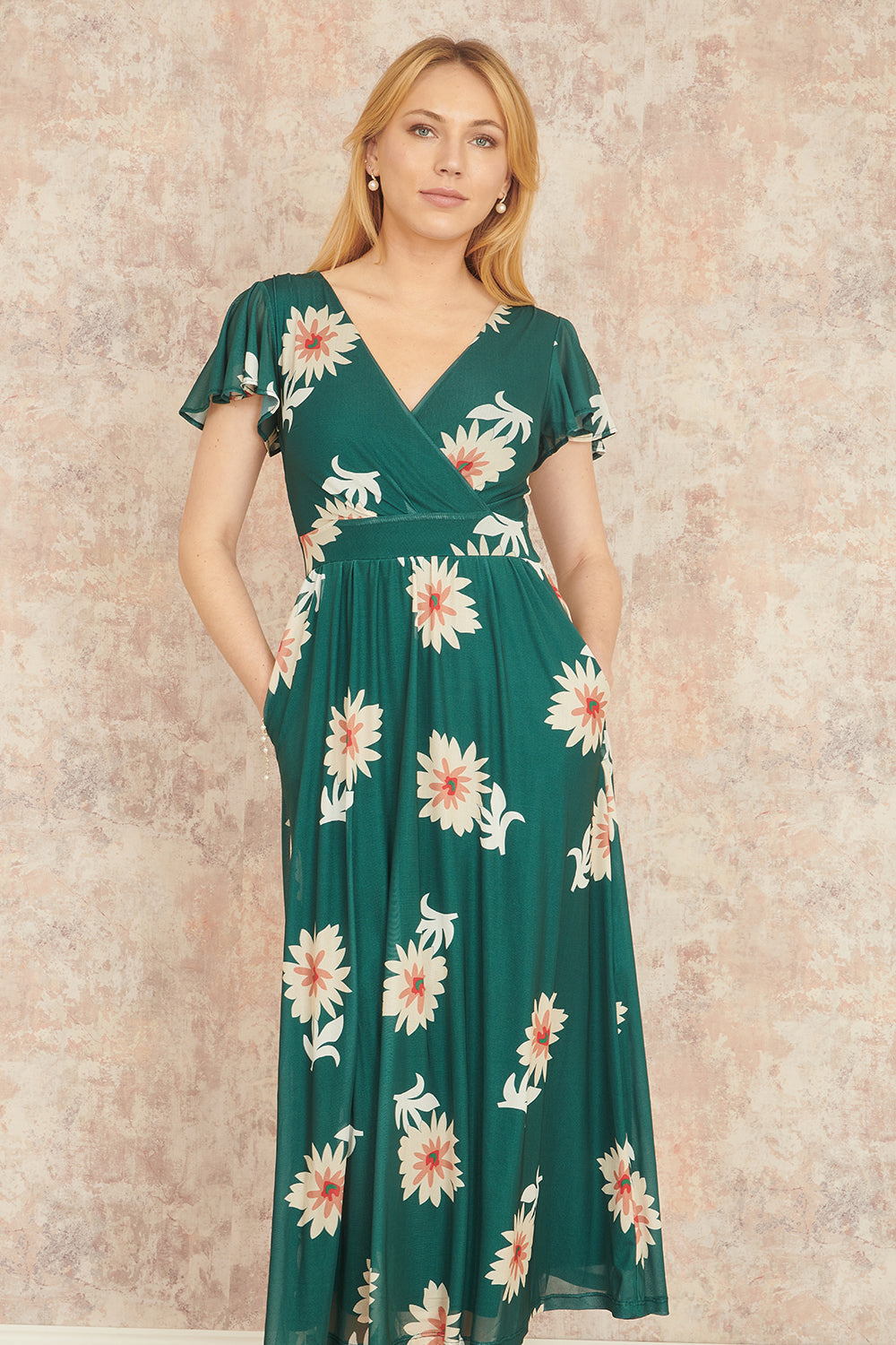 Green Mesh Flower Wrap Midi Dress With Pockets