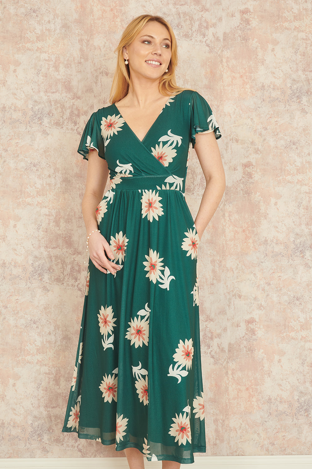 Green Mesh Flower Wrap Midi Dress With Pockets