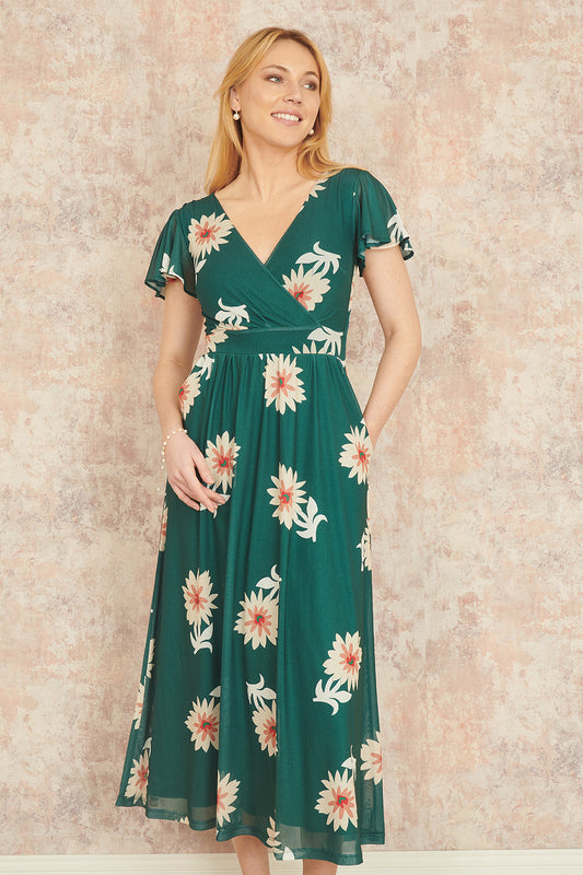 Green Mesh Flower Wrap Midi Dress With Pockets