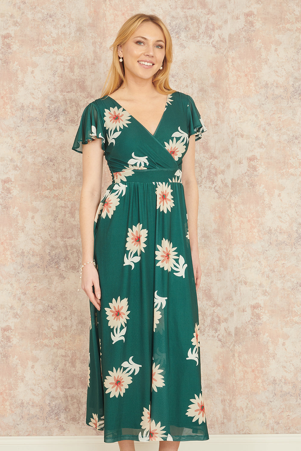Green Mesh Flower Wrap Midi Dress With Pockets