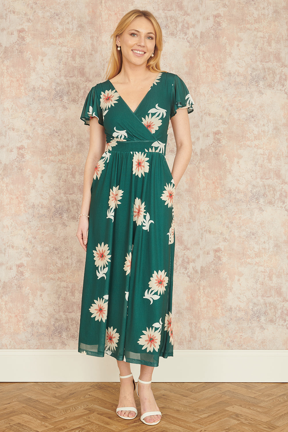 Green Mesh Flower Wrap Midi Dress With Pockets