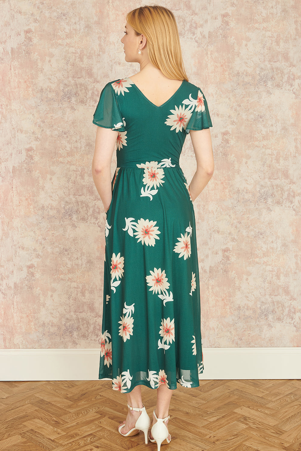 Green Mesh Flower Wrap Midi Dress With Pockets