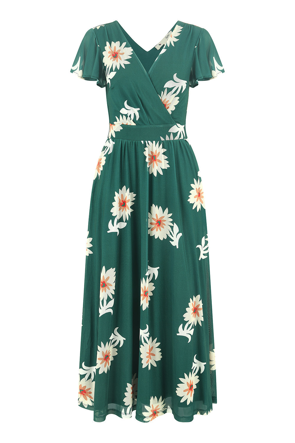 Green Mesh Flower Wrap Midi Dress With Pockets