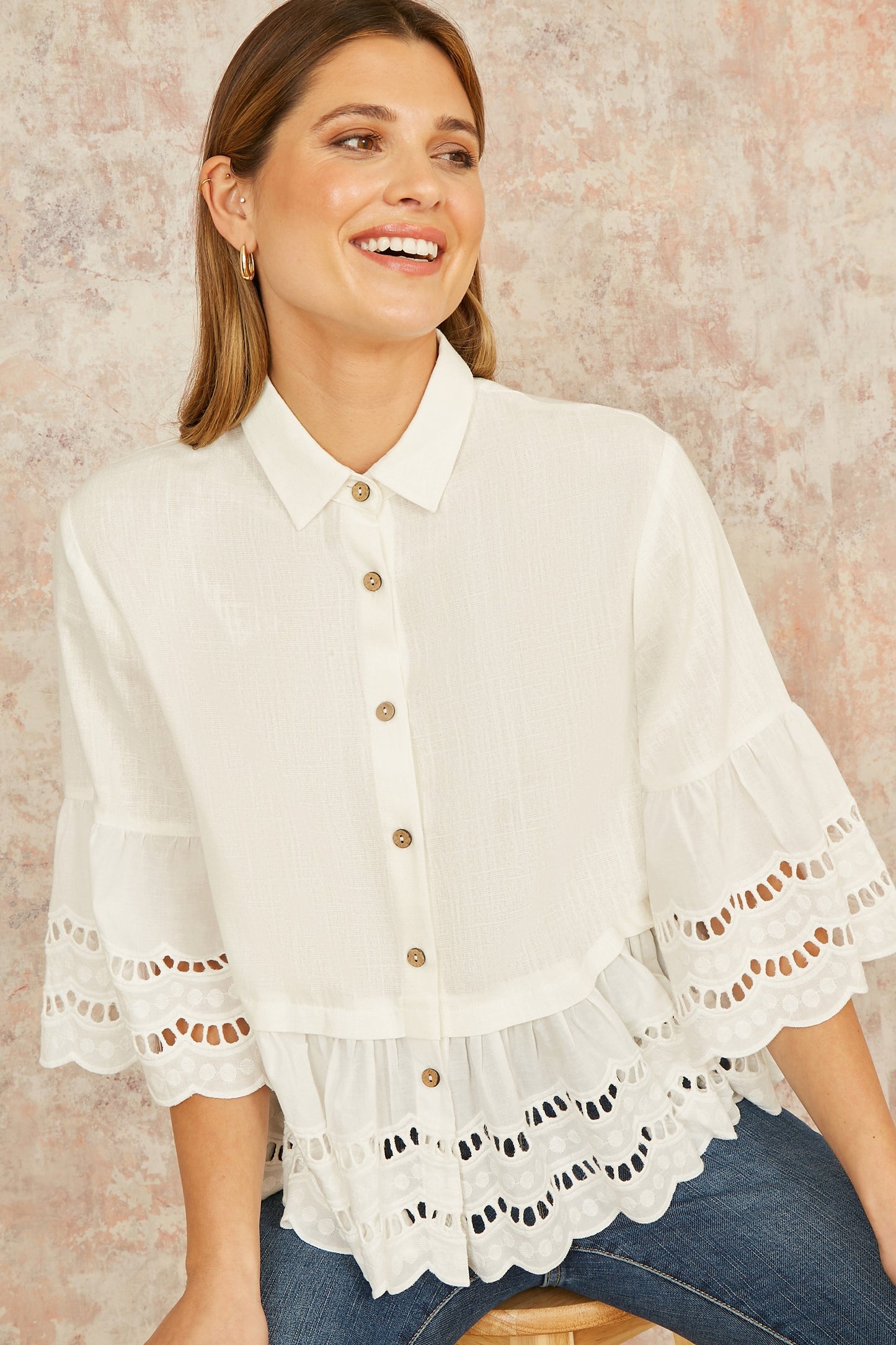 White Linen Relaxed Shirt With Scallop Trims