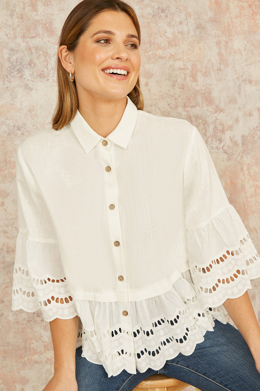 White Linen Relaxed Shirt With Scallop Trims