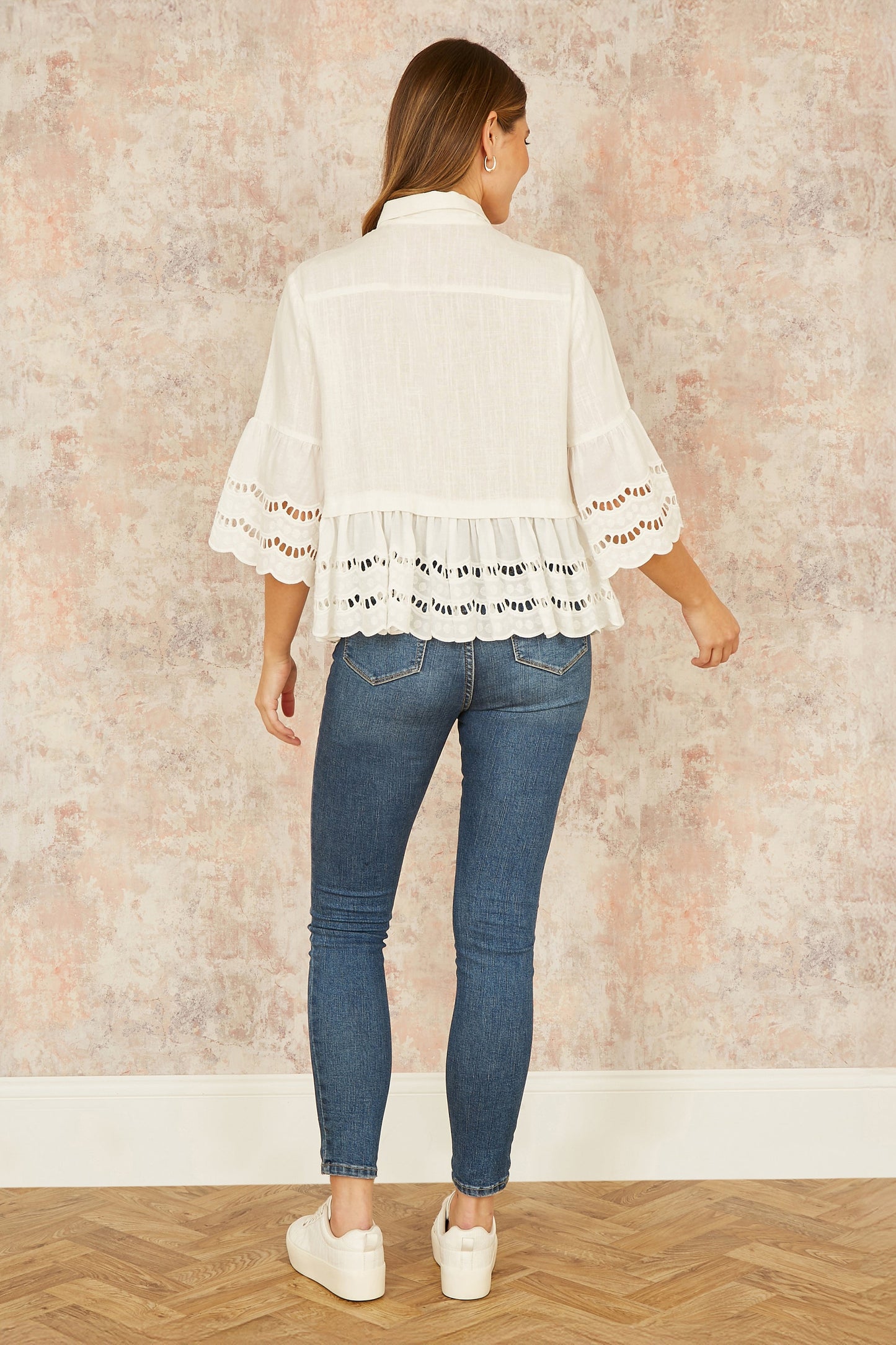 White Linen Relaxed Shirt With Scallop Trims