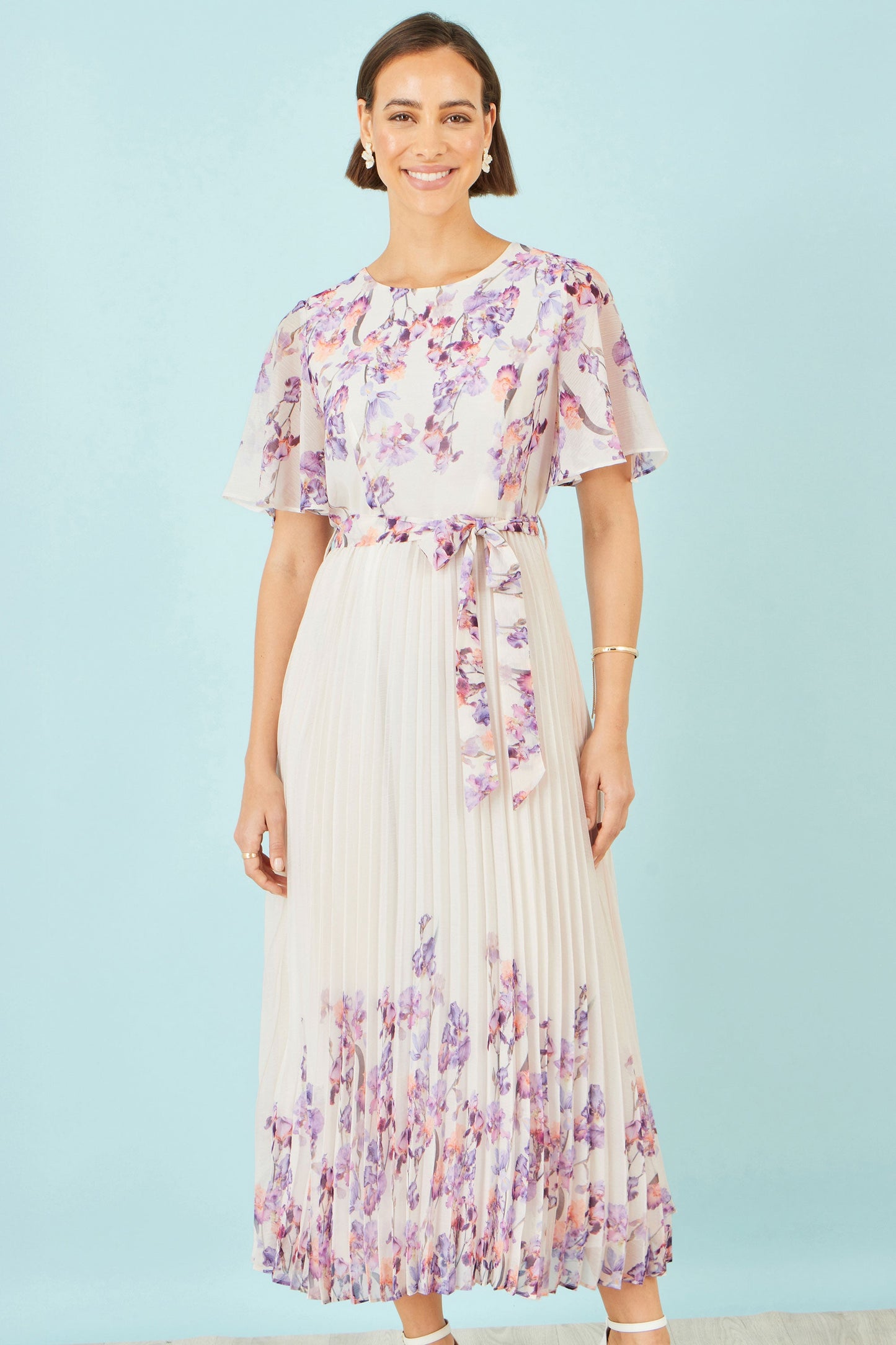 Ivory Floral Mirror Pleated Midi Dress