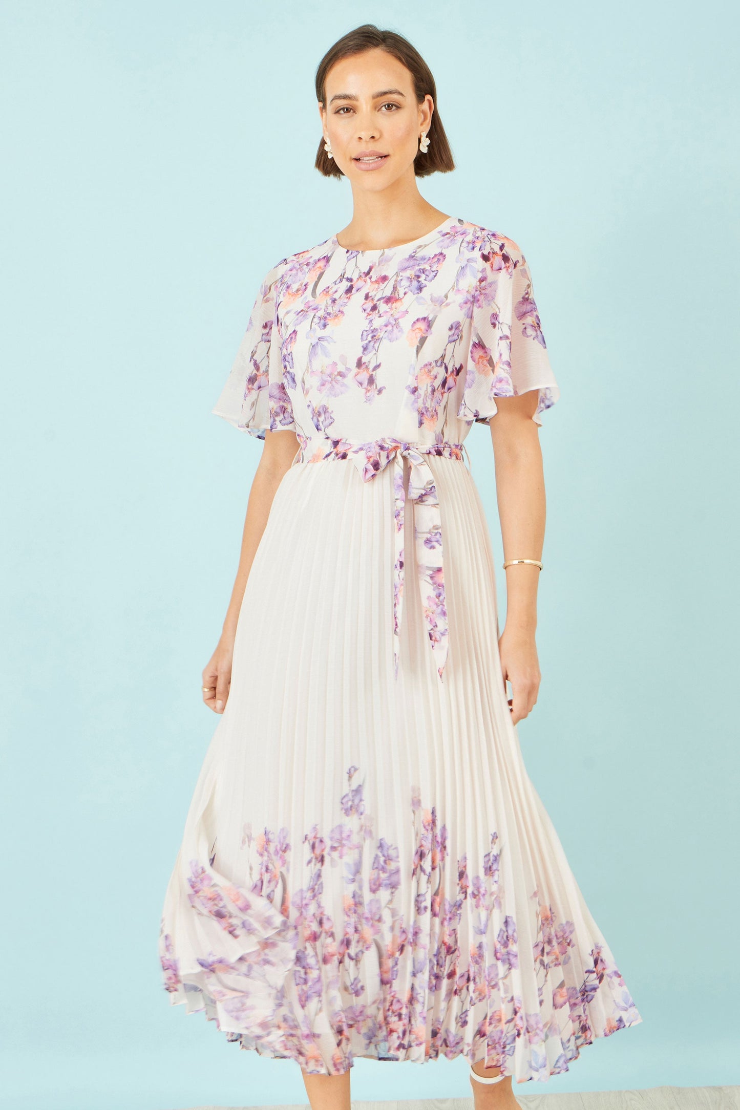 Ivory Floral Mirror Pleated Midi Dress