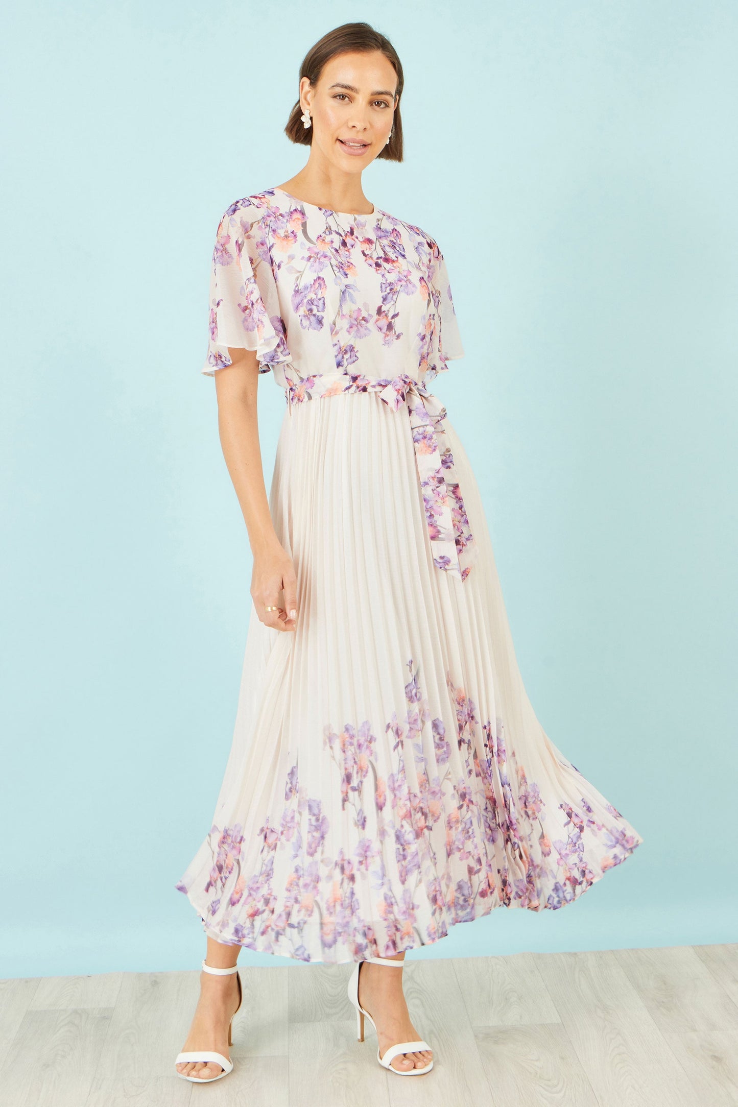 Ivory Floral Mirror Pleated Midi Dress