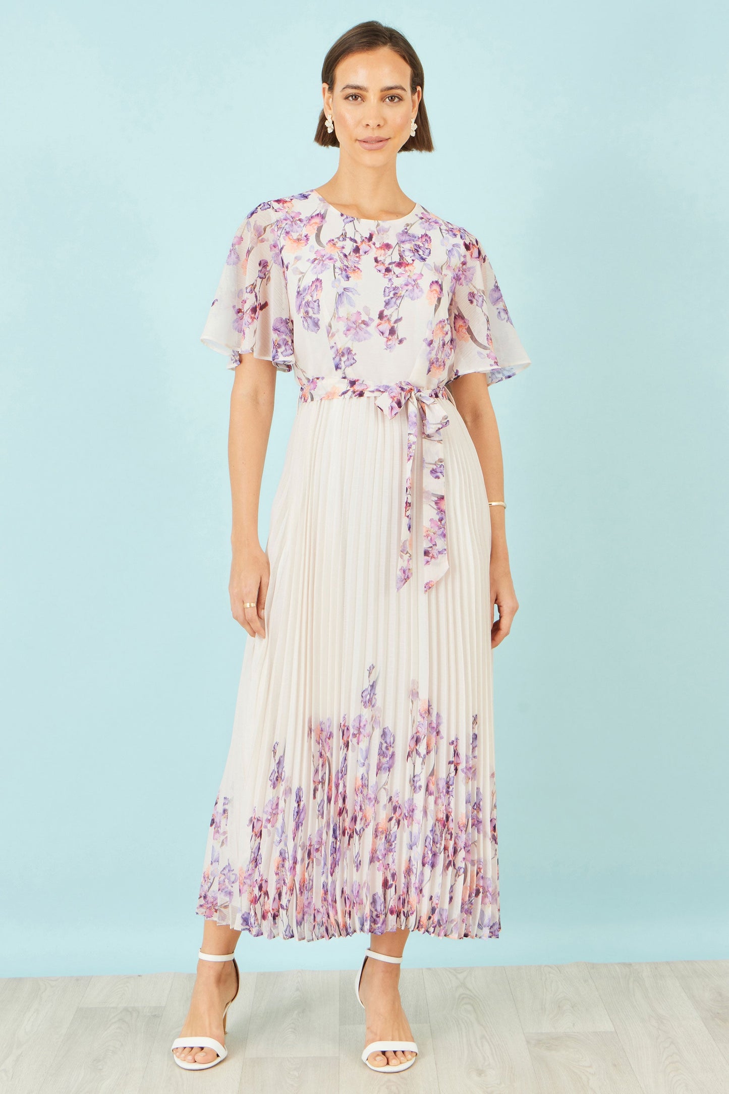 Ivory Floral Mirror Pleated Midi Dress