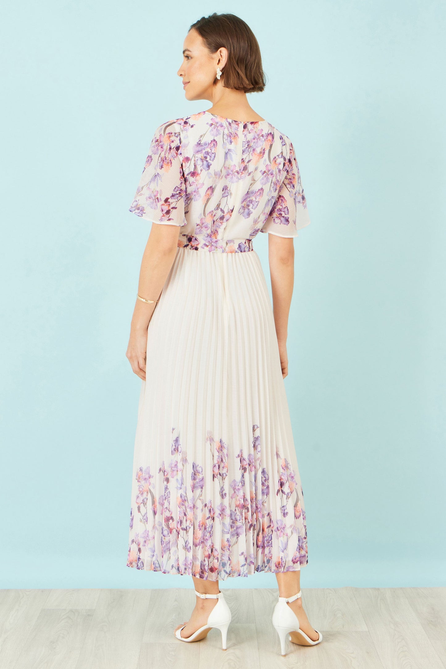 Ivory Floral Mirror Pleated Midi Dress