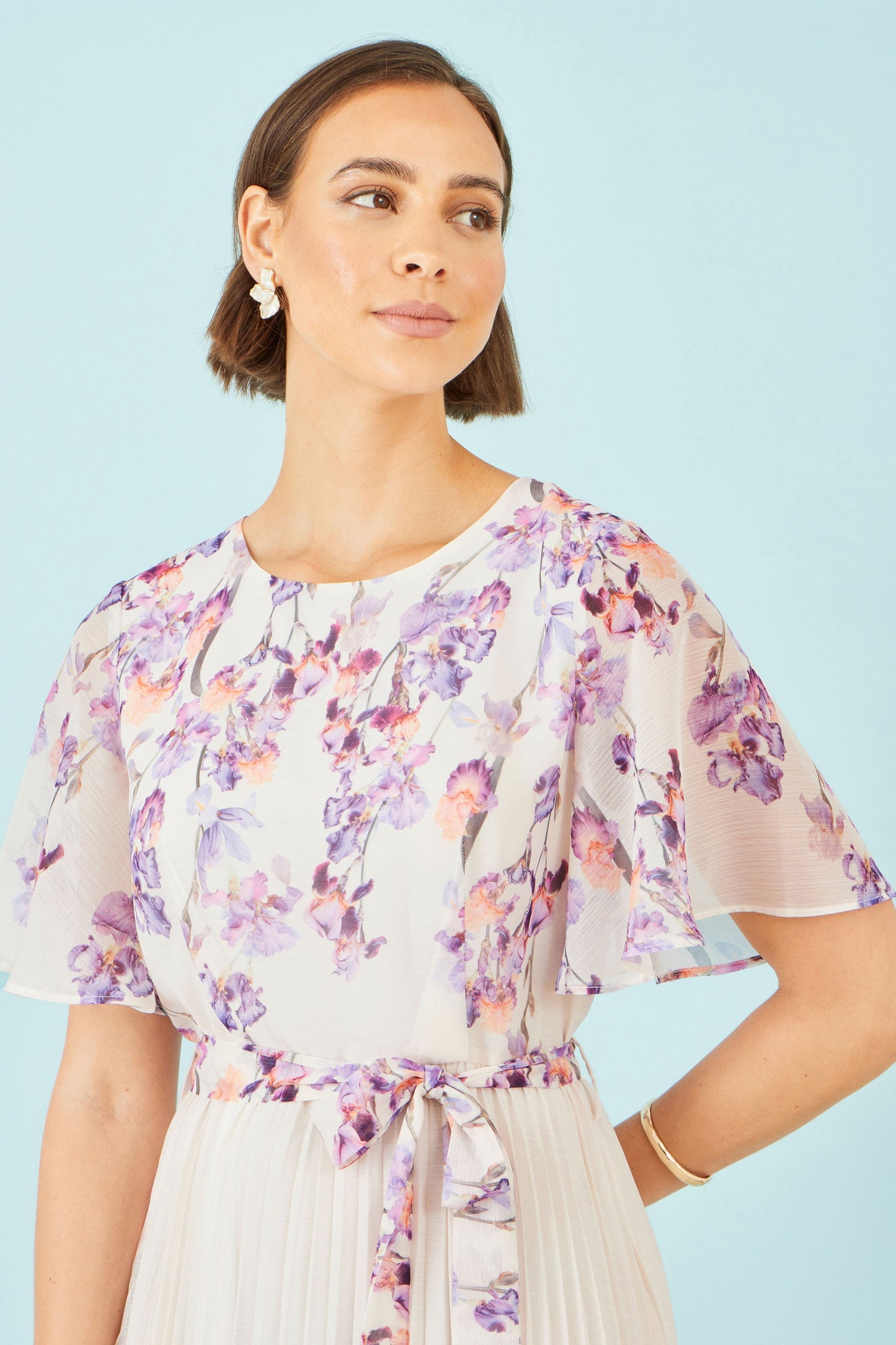 Ivory Floral Mirror Pleated Midi Dress