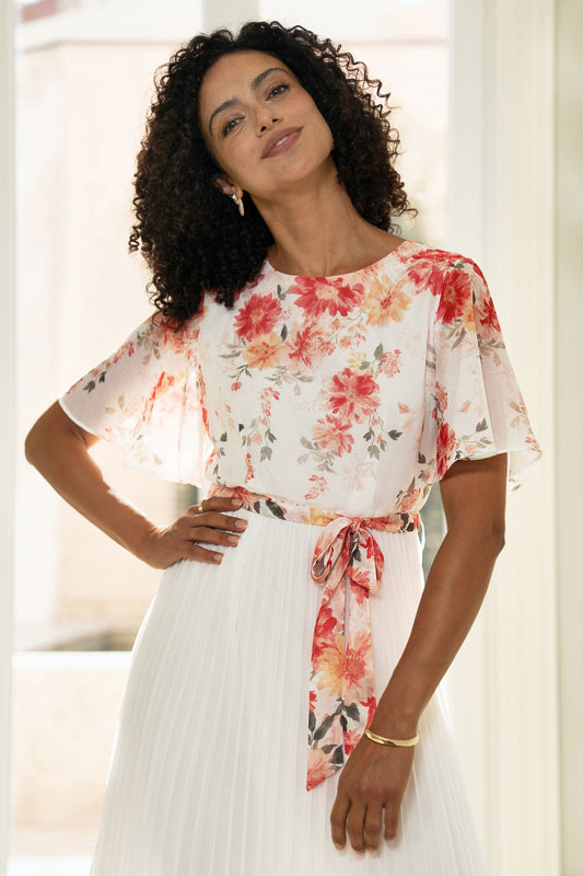 White Mirror Floral Design Pleated Midi Dress