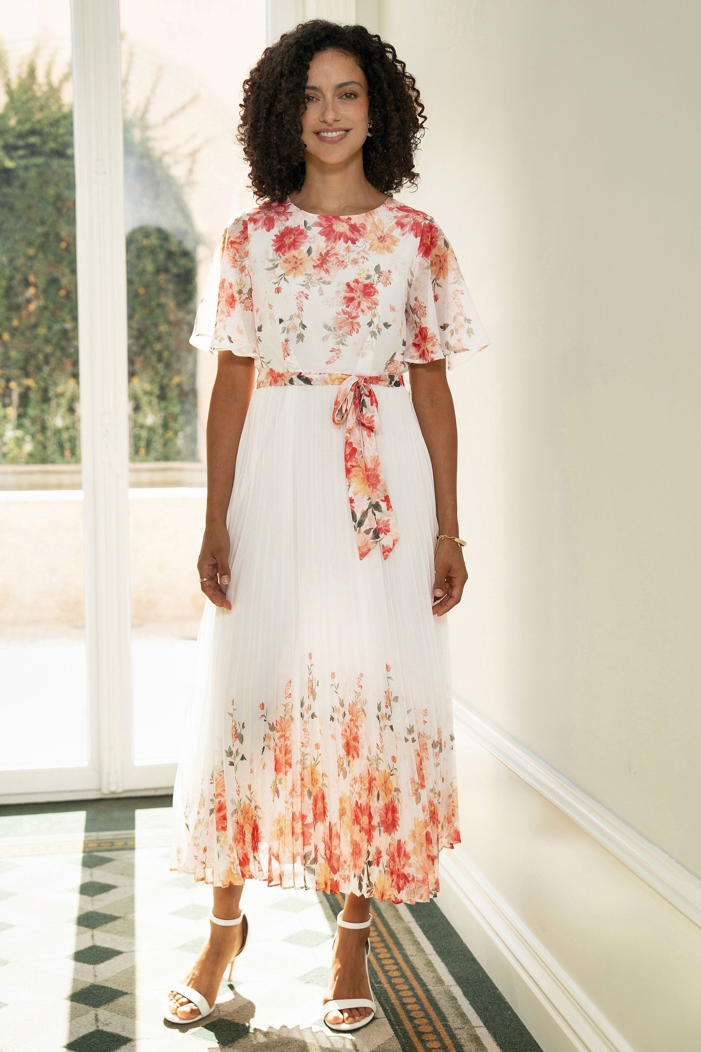 White Mirror Floral Design Pleated Midi Dress