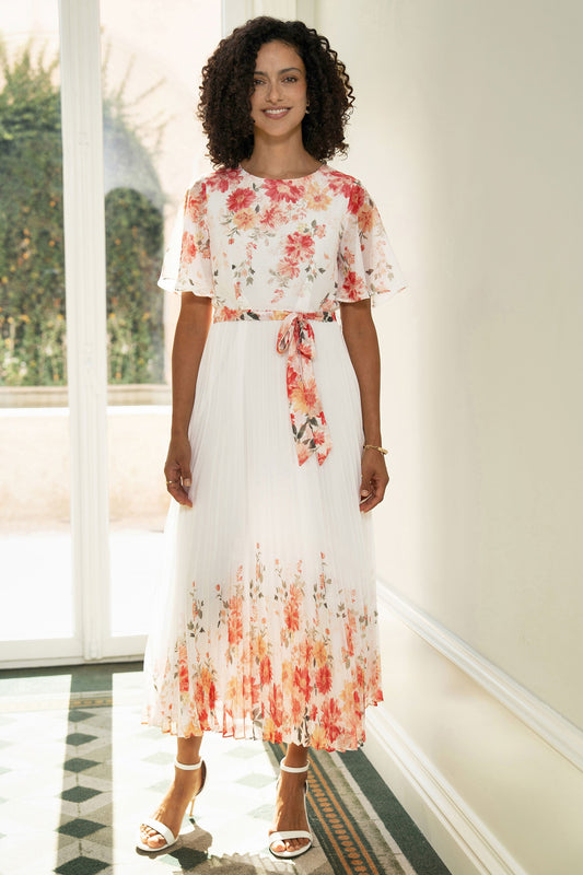 White Floral Pleated Dress