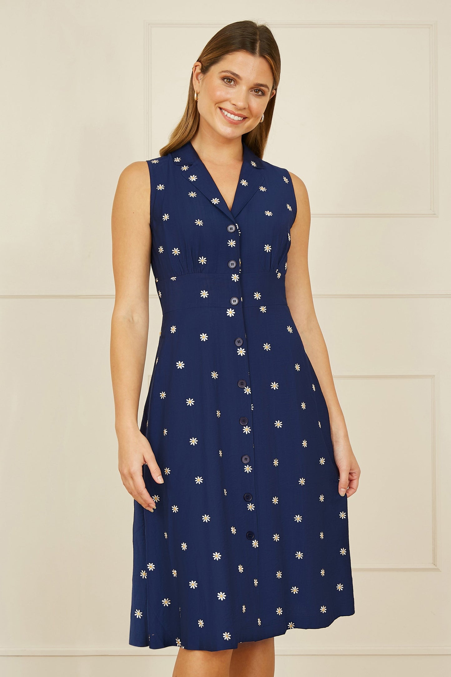 Navy Daisy Print Embroidered Sleeveless Shirt Dress