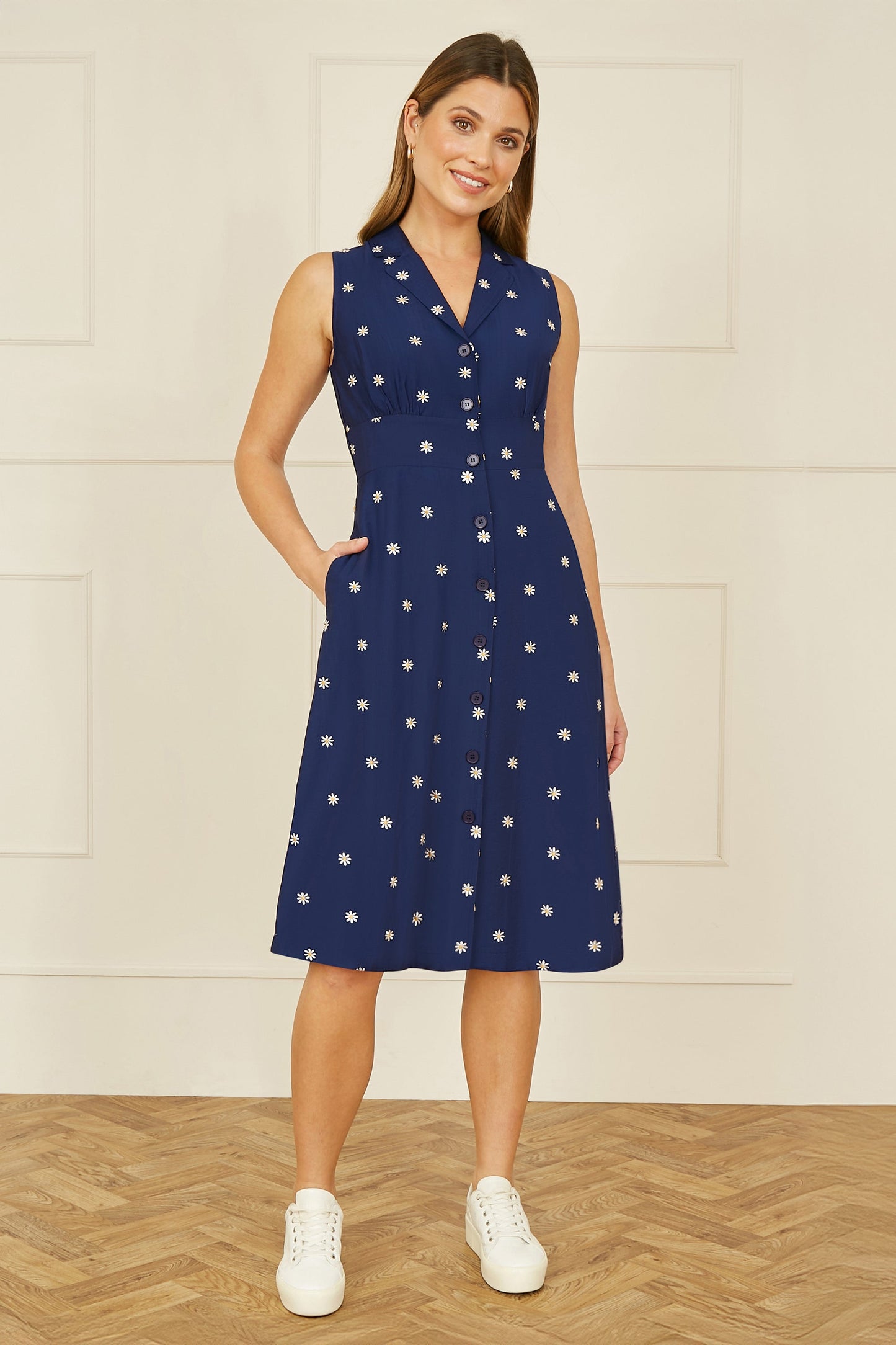 Navy Daisy Print Embroidered Sleeveless Shirt Dress