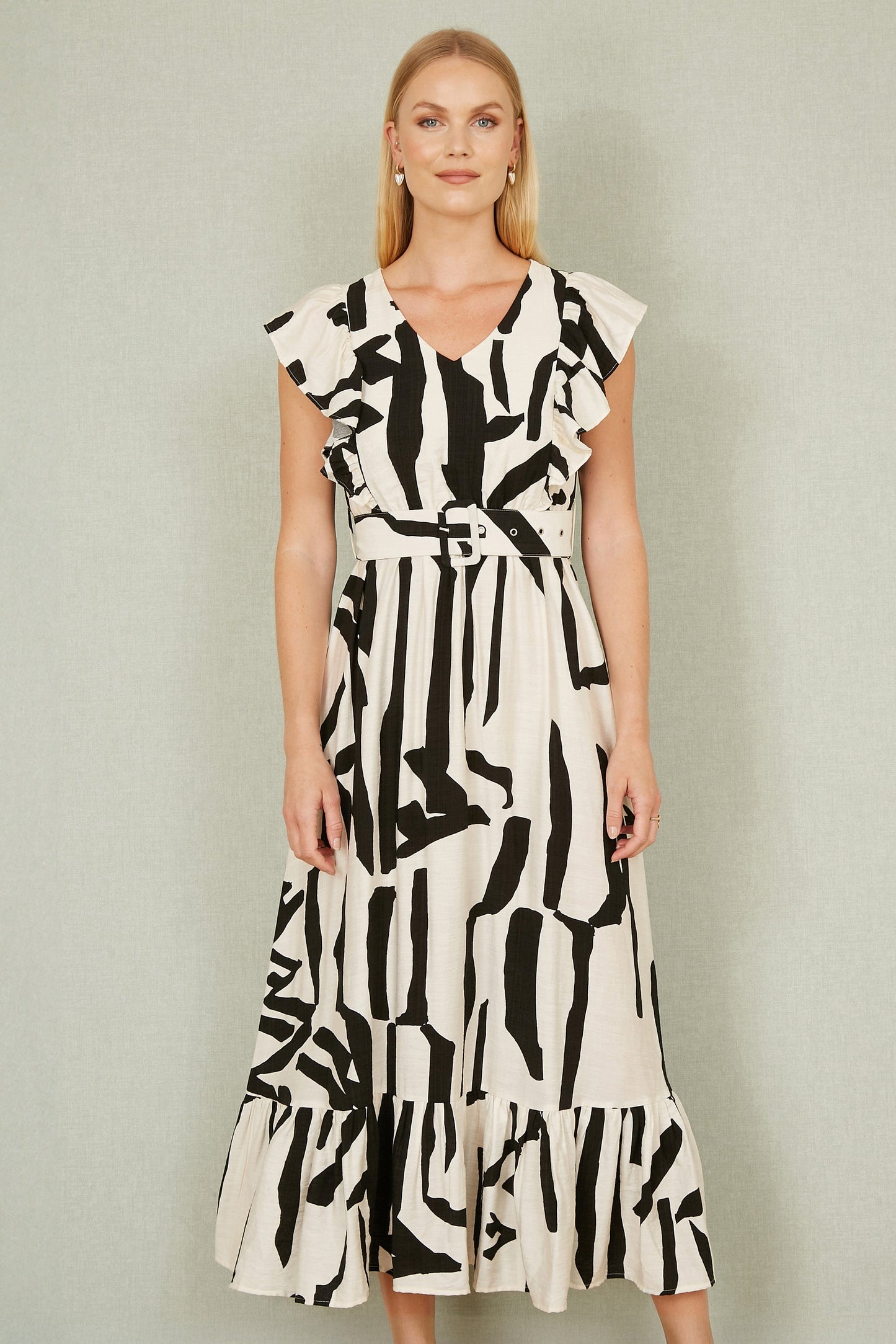 Ivory Abstract Print Viscose Midi Dress With Matching Belt
