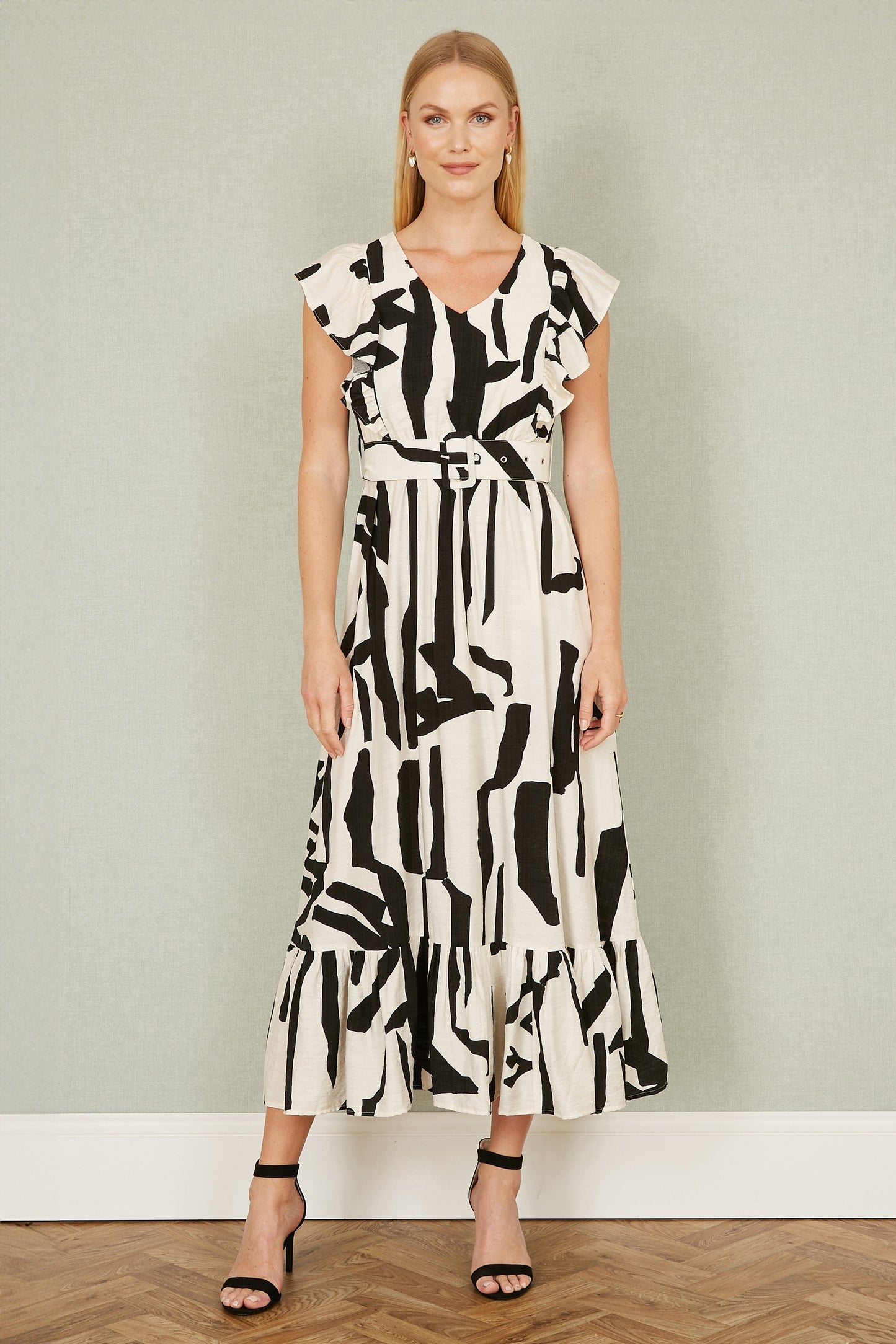 Ivory Abstract Print Viscose Midi Dress With Matching Belt