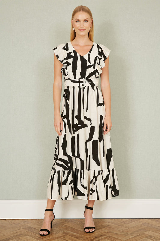 Ivory Abstract Print Viscose Midi Dress With Matching Belt