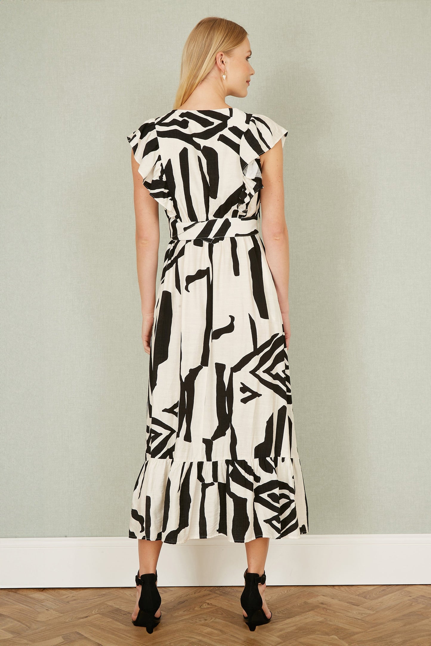 Ivory Abstract Print Viscose Midi Dress With Matching Belt