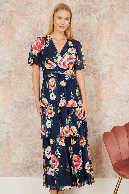 Navy Floral Mesh Tiered Maxi Dress