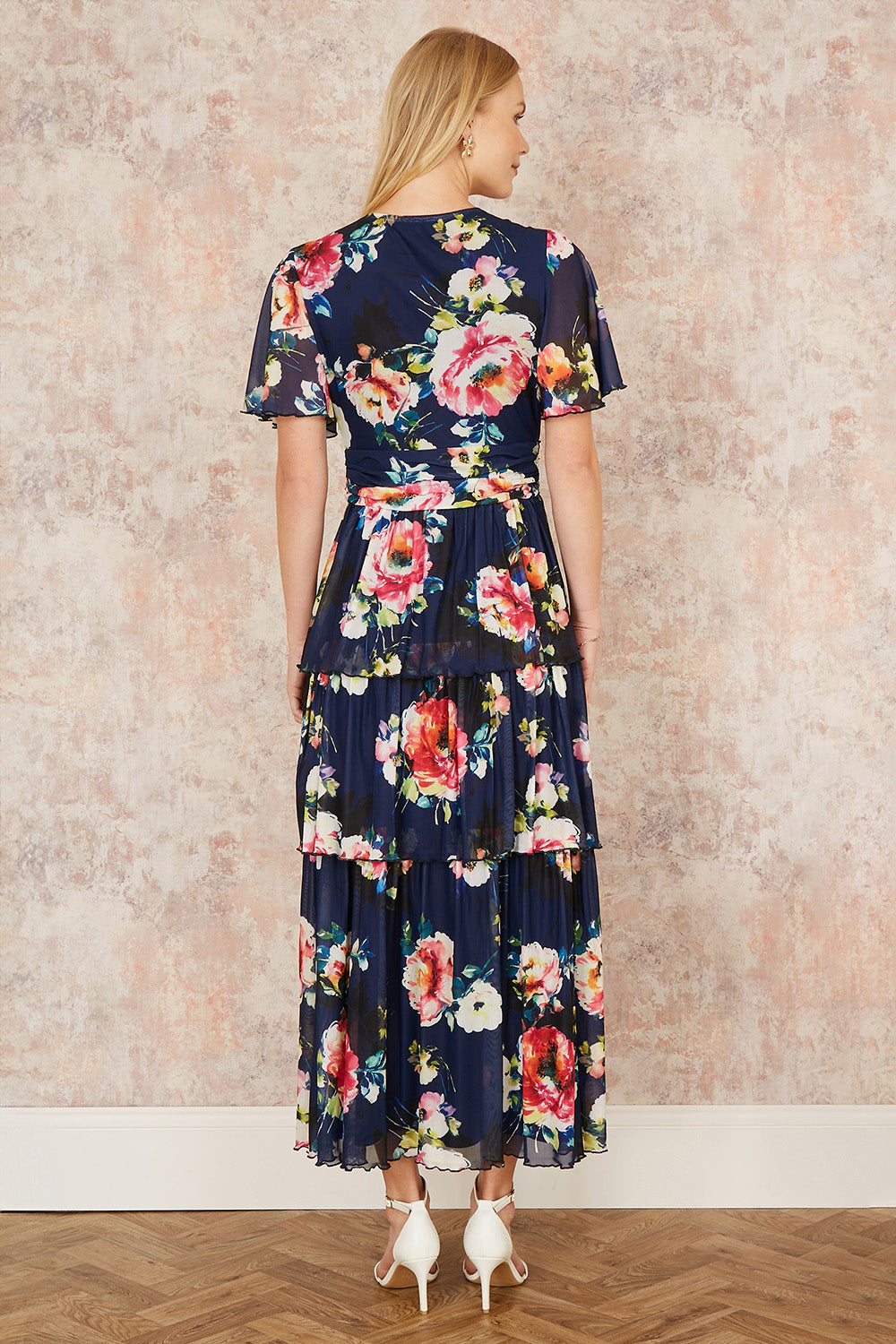 Navy Floral Mesh Tiered Maxi Dress