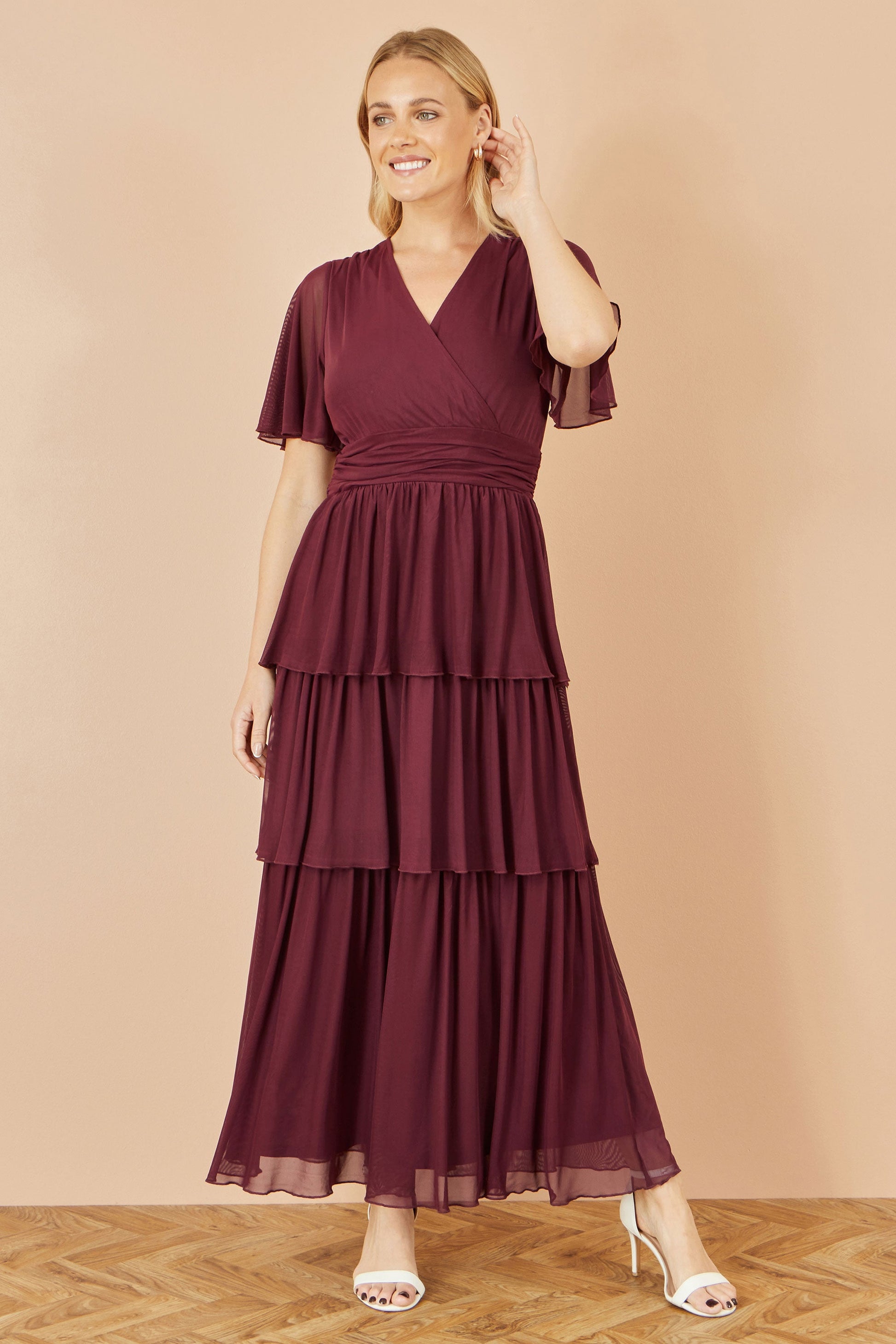 Burgundy Mesh Tiered Maxi Dress